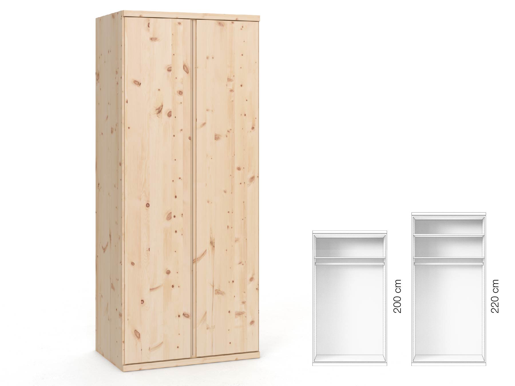 Zirbenschrank „Romana“, 2-türig, Höhe 220 cm, Griffausführung „Patrizia“, Inneneinrichtung: A