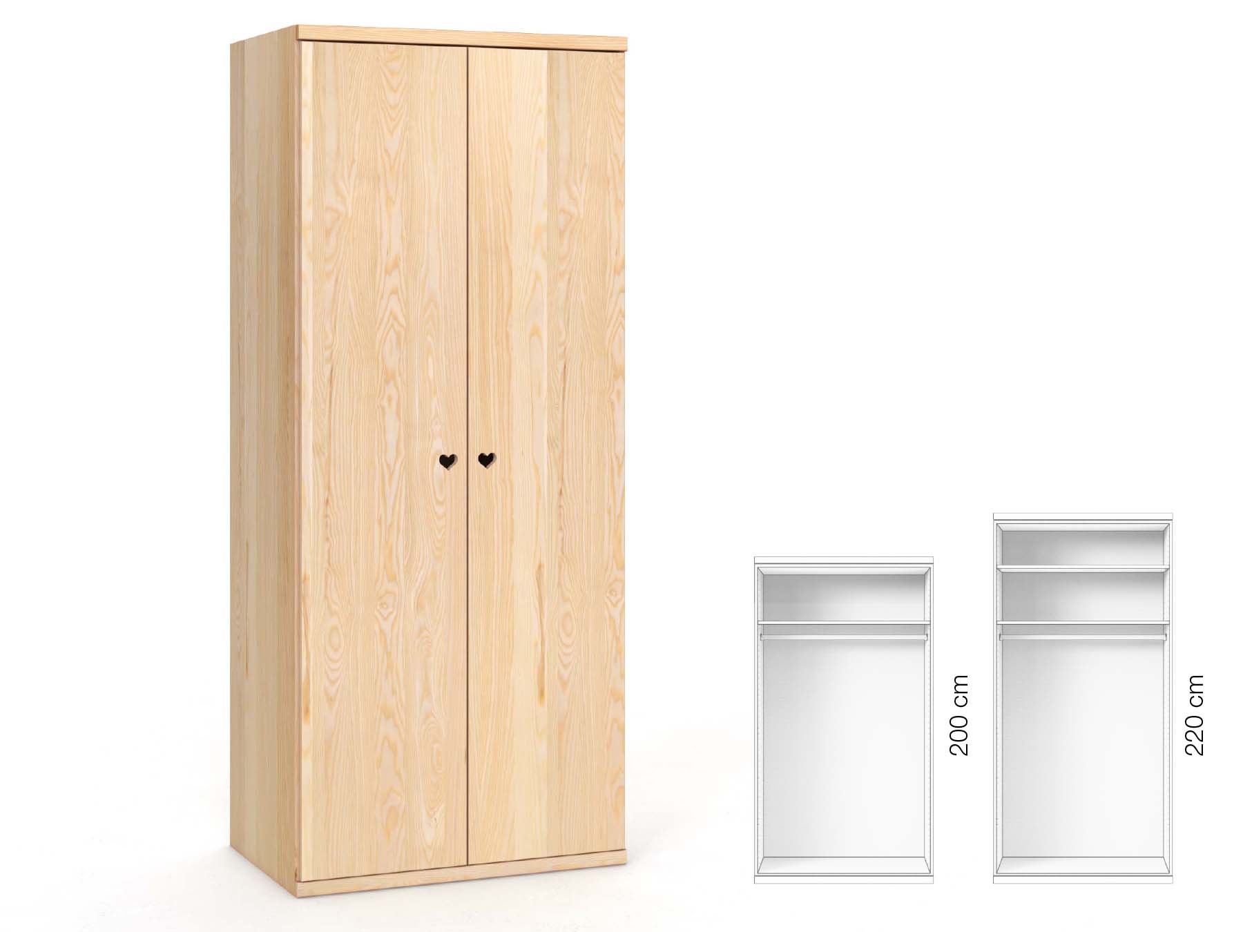 Eschenschrank „Romana“, 2-türig, Höhe 220 cm, Griffausführung „Heidi“, Inneneinrichtung: A