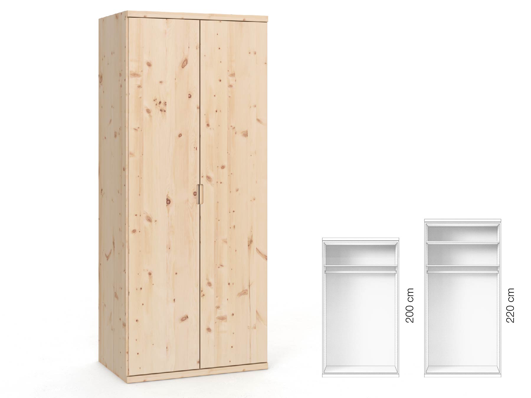 Zirbenschrank „Romana“, 2-türig, Höhe 220 cm, Griffausführung „Lukas“, Inneneinrichtung: A