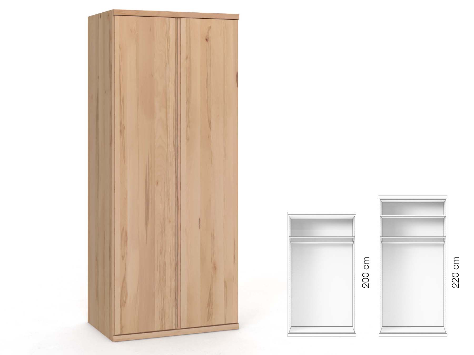 Buchenschrank „Romana“, 2-türig, Höhe 220 cm, Griffausführung „Patrizia“, Inneneinrichtung: A