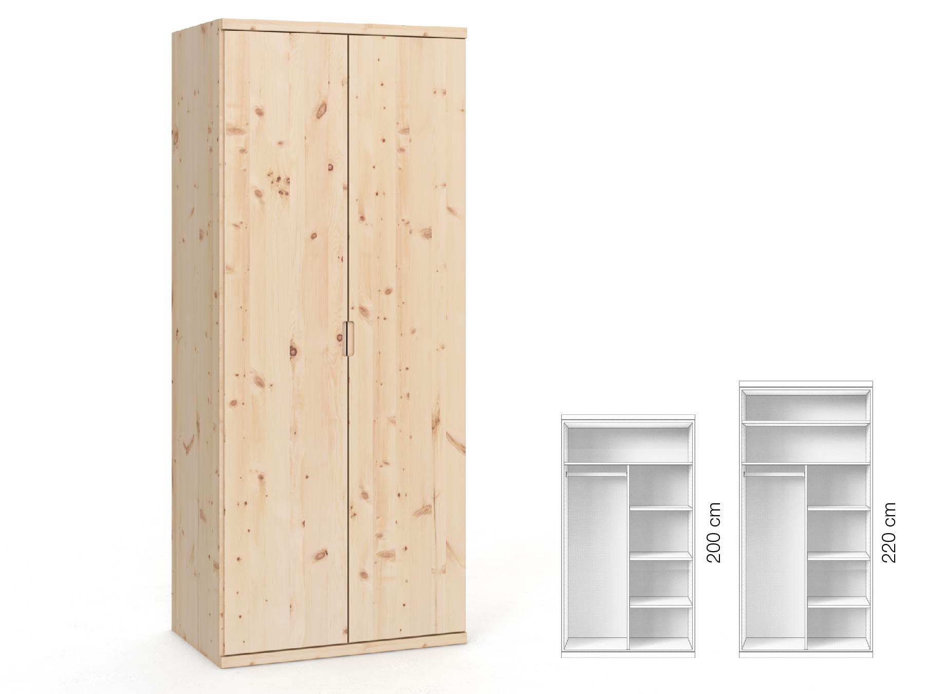Zirbenschrank „Romana“, 2-türig, Höhe 220 cm, Griffausführung „Lukas“, Inneneinrichtung: B