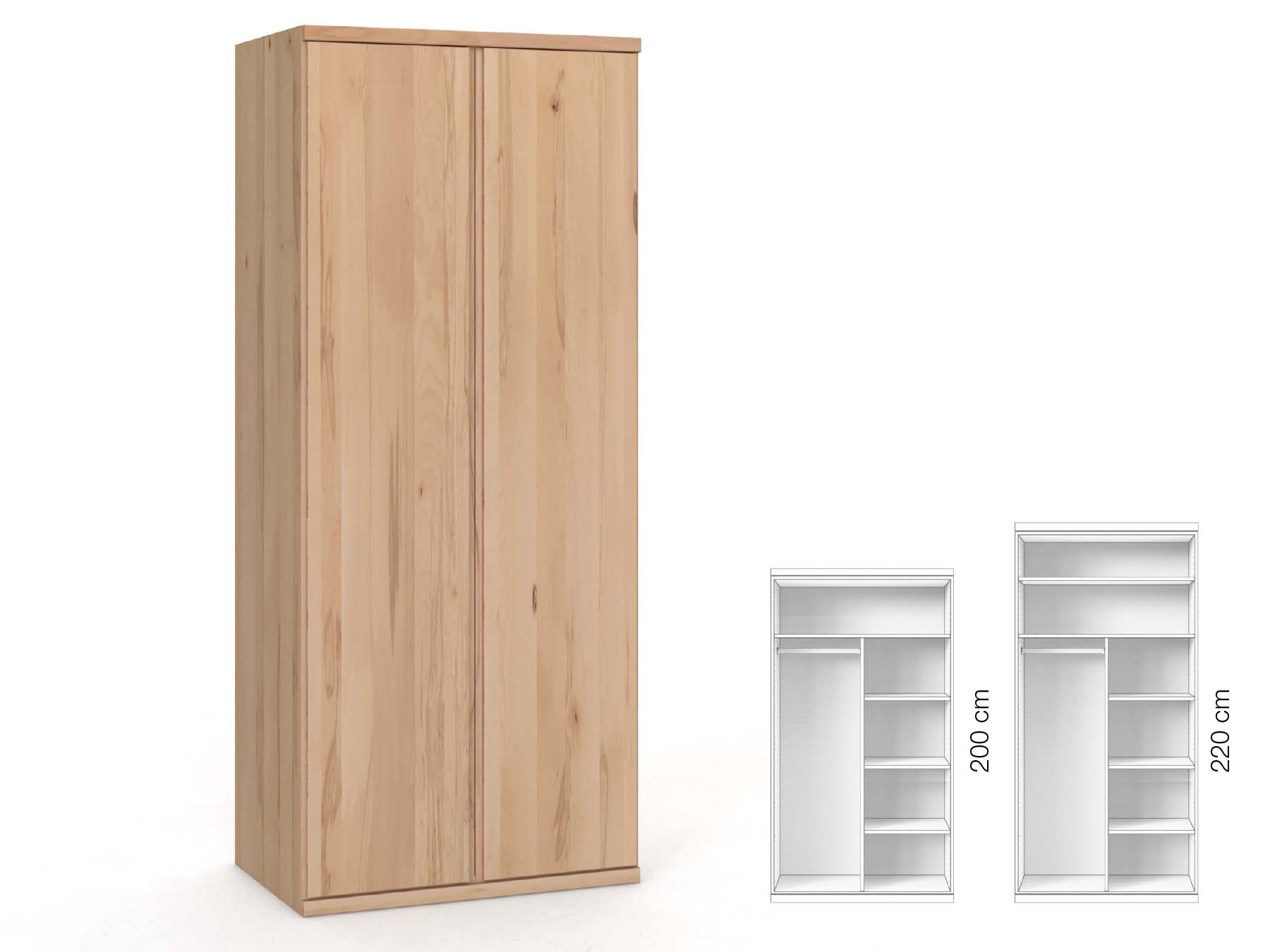Buchenschrank „Romana“, 2-türig, Höhe 220 cm, Griffausführung „Patrizia“, Inneneinrichtung: B