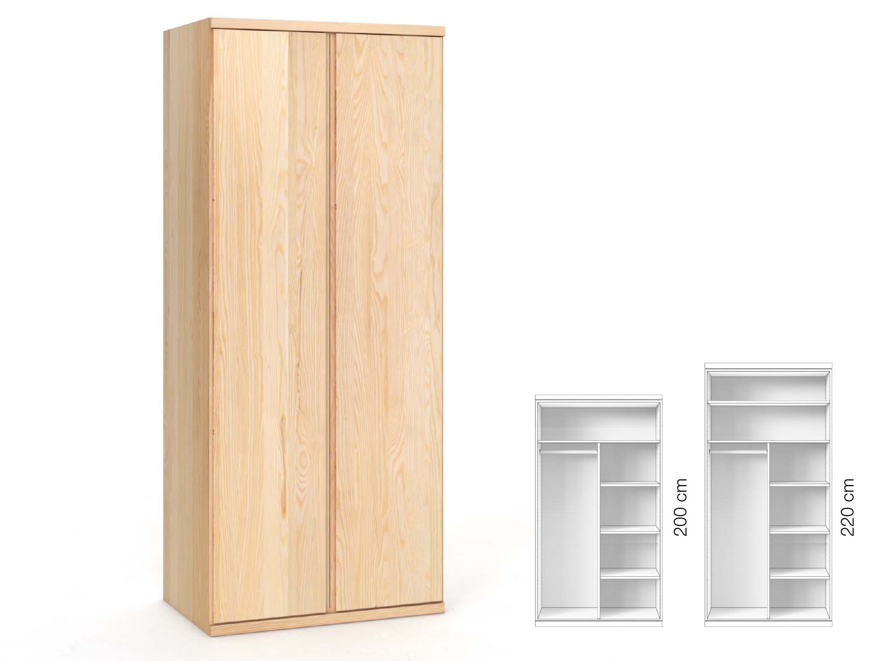 Eschenschrank „Romana“, 2-türig, Höhe 220 cm, Griffausführung „Patrizia“, Inneneinrichtung: B