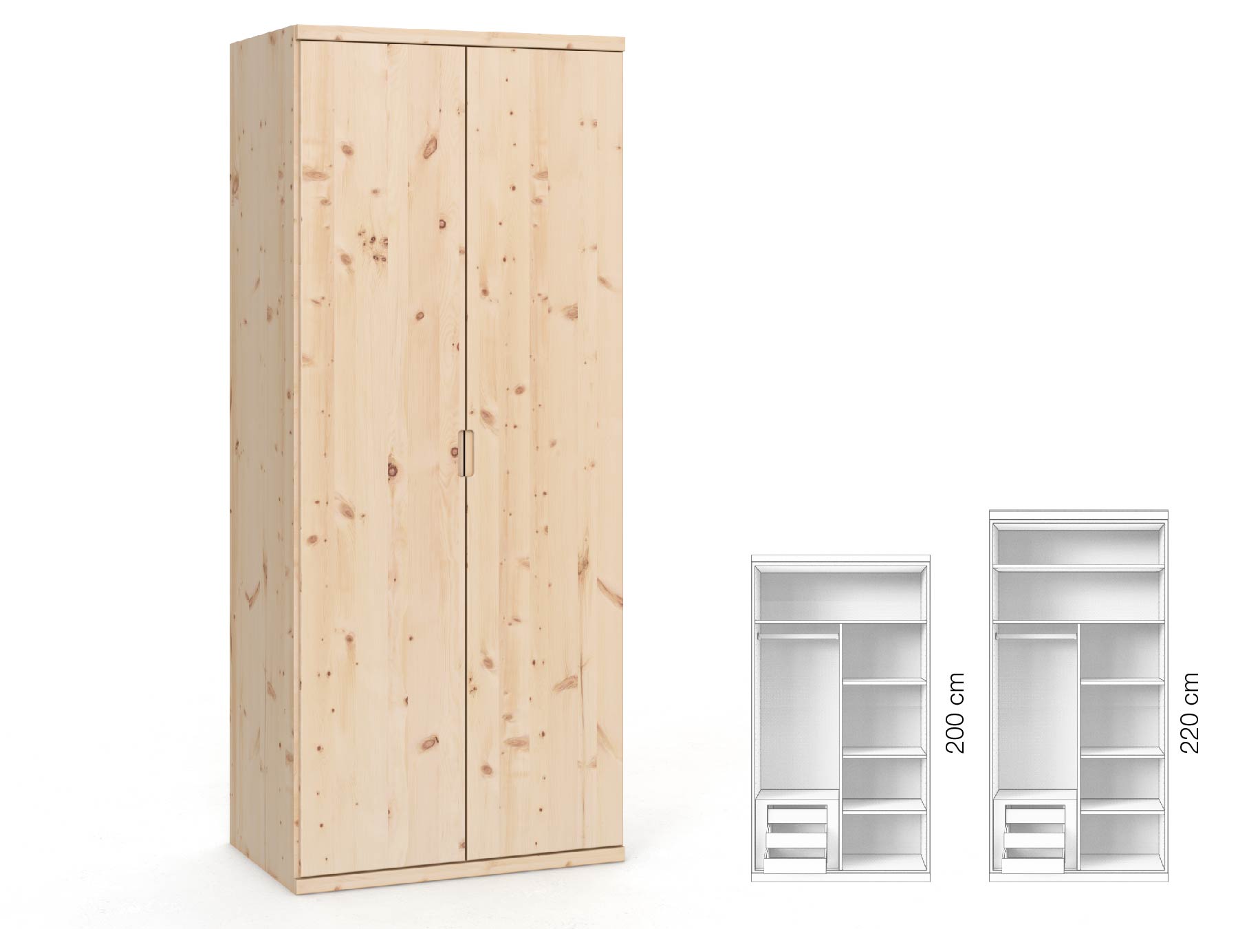 Zirbenschrank „Romana“, 2-türig, Höhe 220 cm, Griffausführung „Lukas“, Inneneinrichtung: C