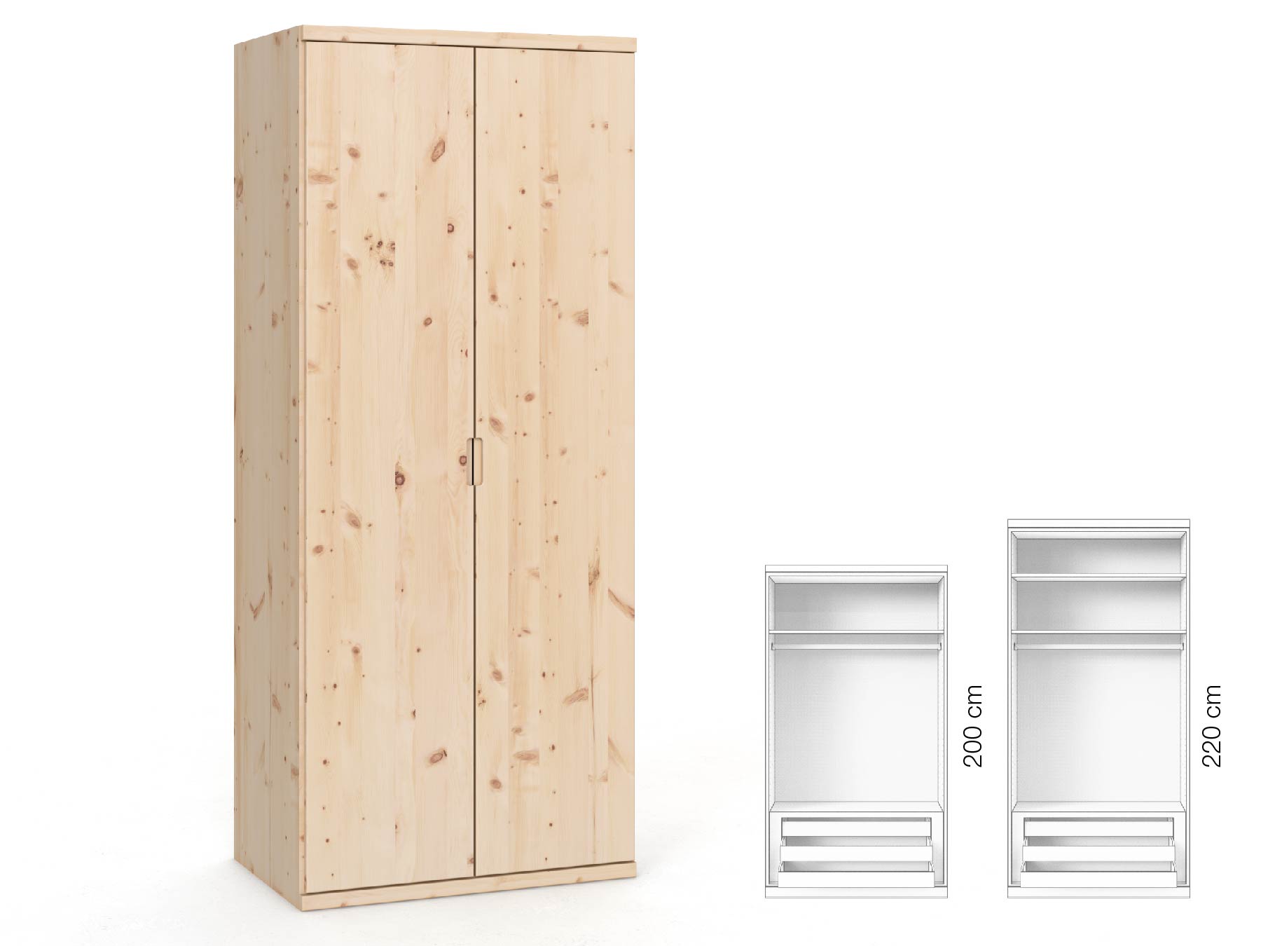 Zirbenschrank „Romana“, 2-türig, Höhe 220 cm, Griffausführung „Lukas“, Inneneinrichtung: D