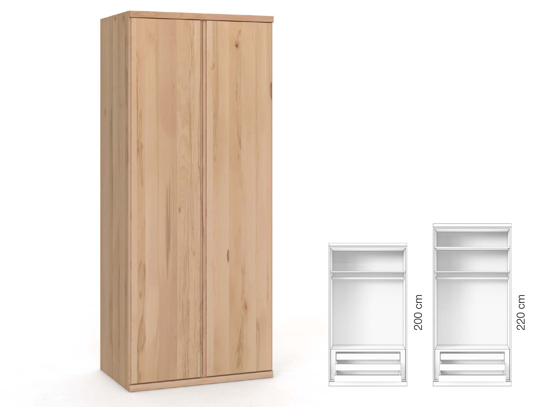 Buchenschrank „Romana“, 2-türig, Höhe 220 cm, Griffausführung „Patrizia“, Inneneinrichtung: D