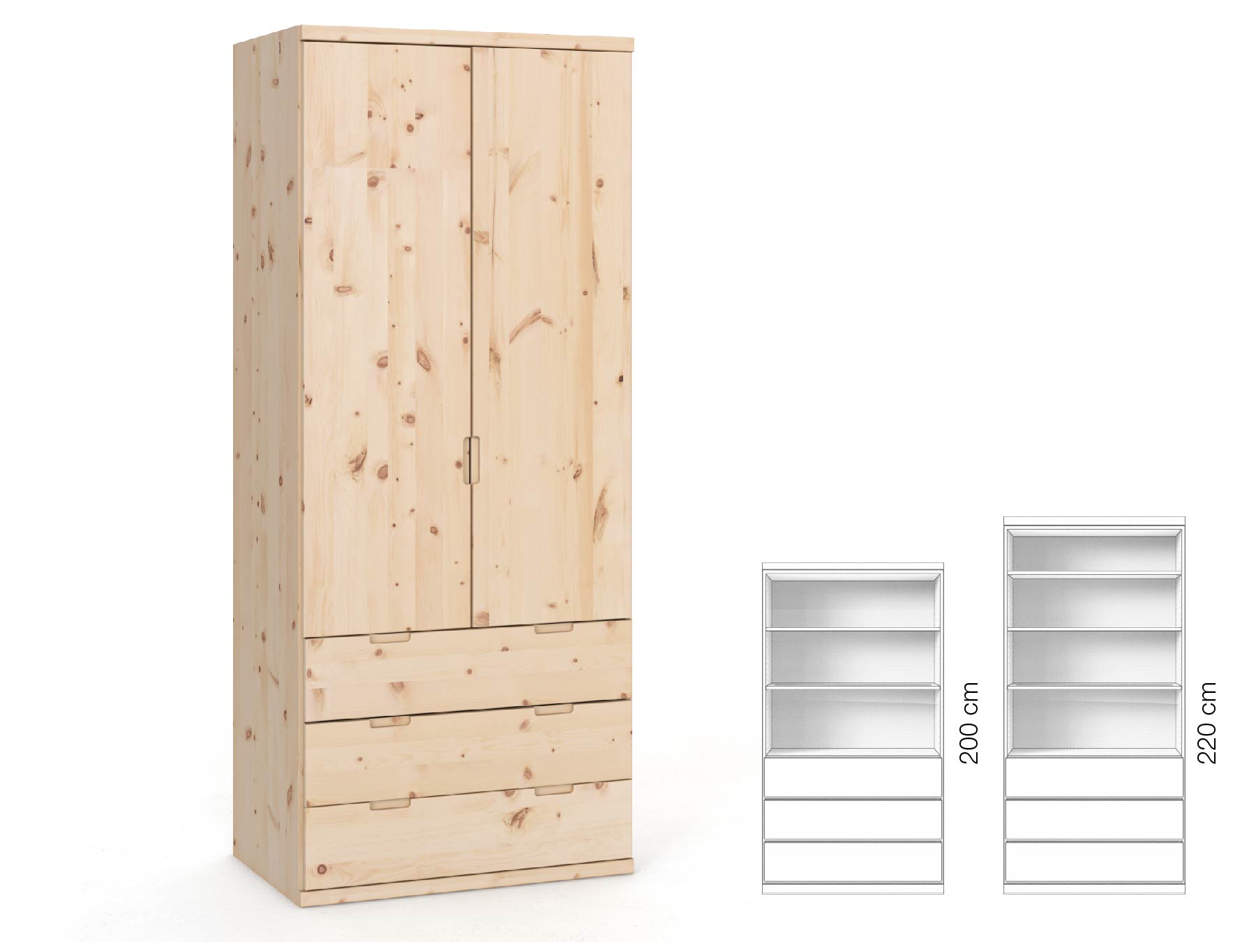 Zirbenschrank „Romana“, 2-türig, Höhe 220 cm, Griffausführung „Lukas“, Inneneinrichtung: E