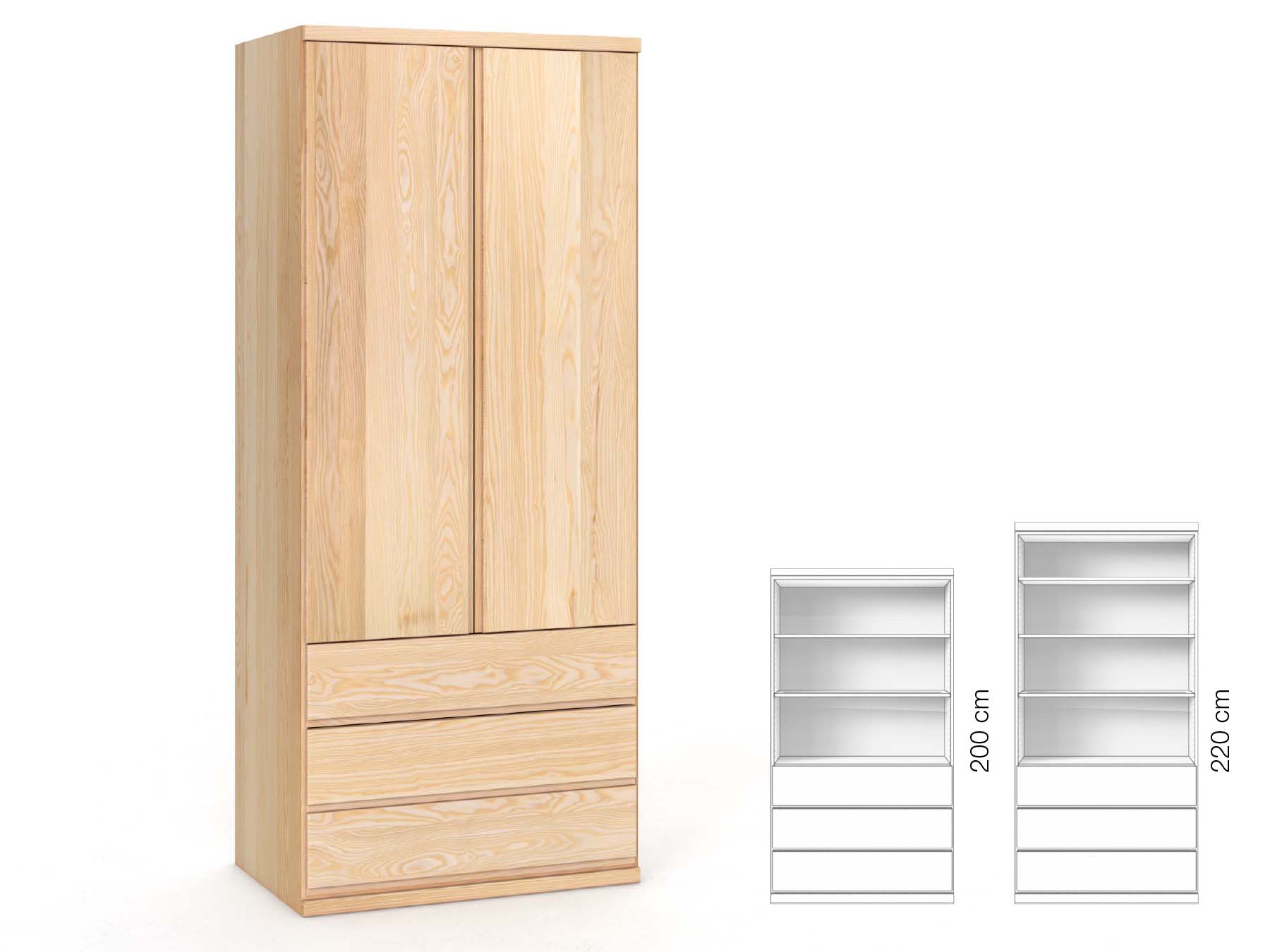 Eschenschrank „Romana“, 2-türig, Höhe 220 cm, Griffausführung „Patrizia“, Inneneinrichtung: E