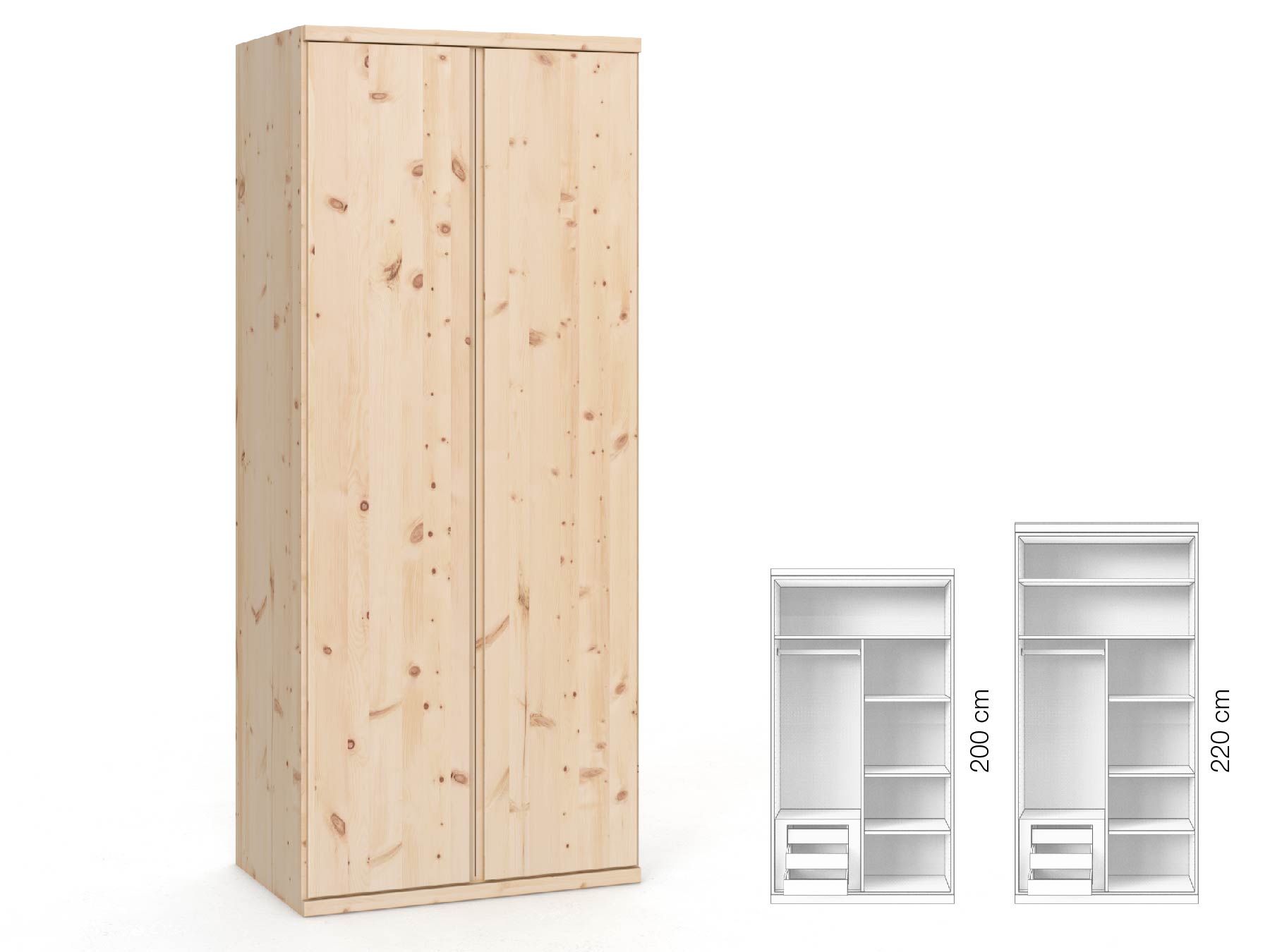 Zirbenschrank „Romana“, 2-türig, Höhe 220 cm, Griffausführung „Patrizia“, Inneneinrichtung: C