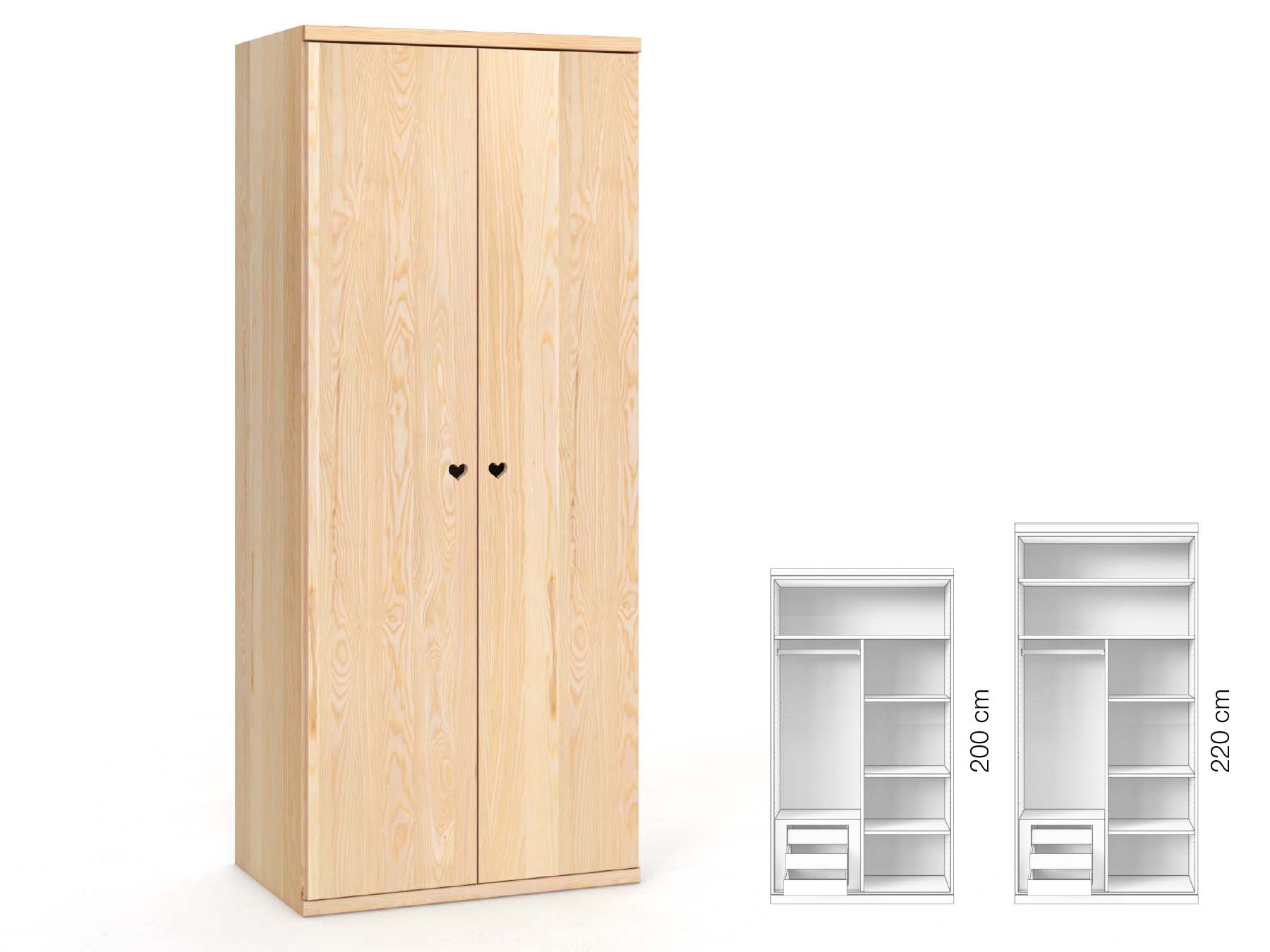 Eschenschrank „Romana“, 2-türig, Höhe 220 cm, Griffausführung „Heidi“, Inneneinrichtung: C