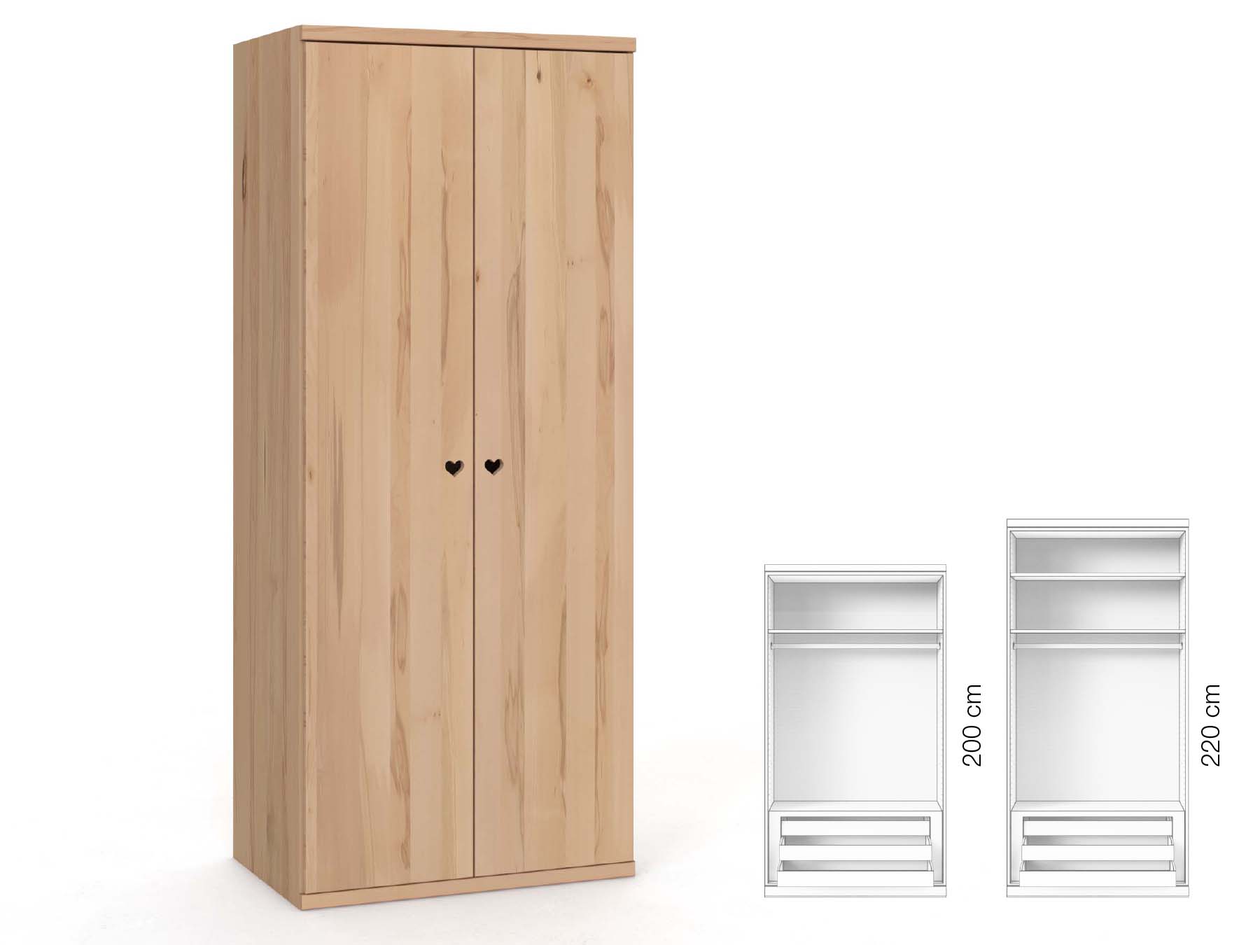 Buchenschrank „Romana“, 2-türig, Höhe 220 cm, Griffausführung „Heidi“, Inneneinrichtung: D