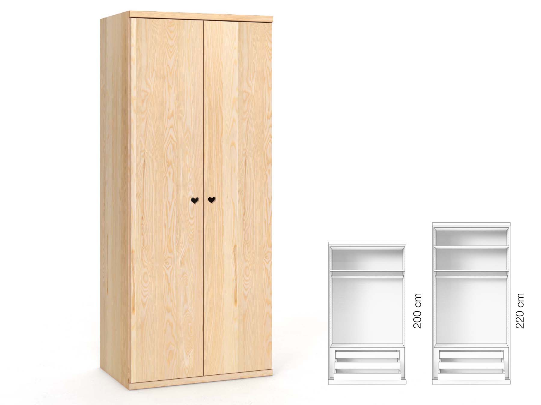 Eschenschrank „Romana“, 2-türig, Höhe 220 cm, Griffausführung „Heidi“, Inneneinrichtung: D