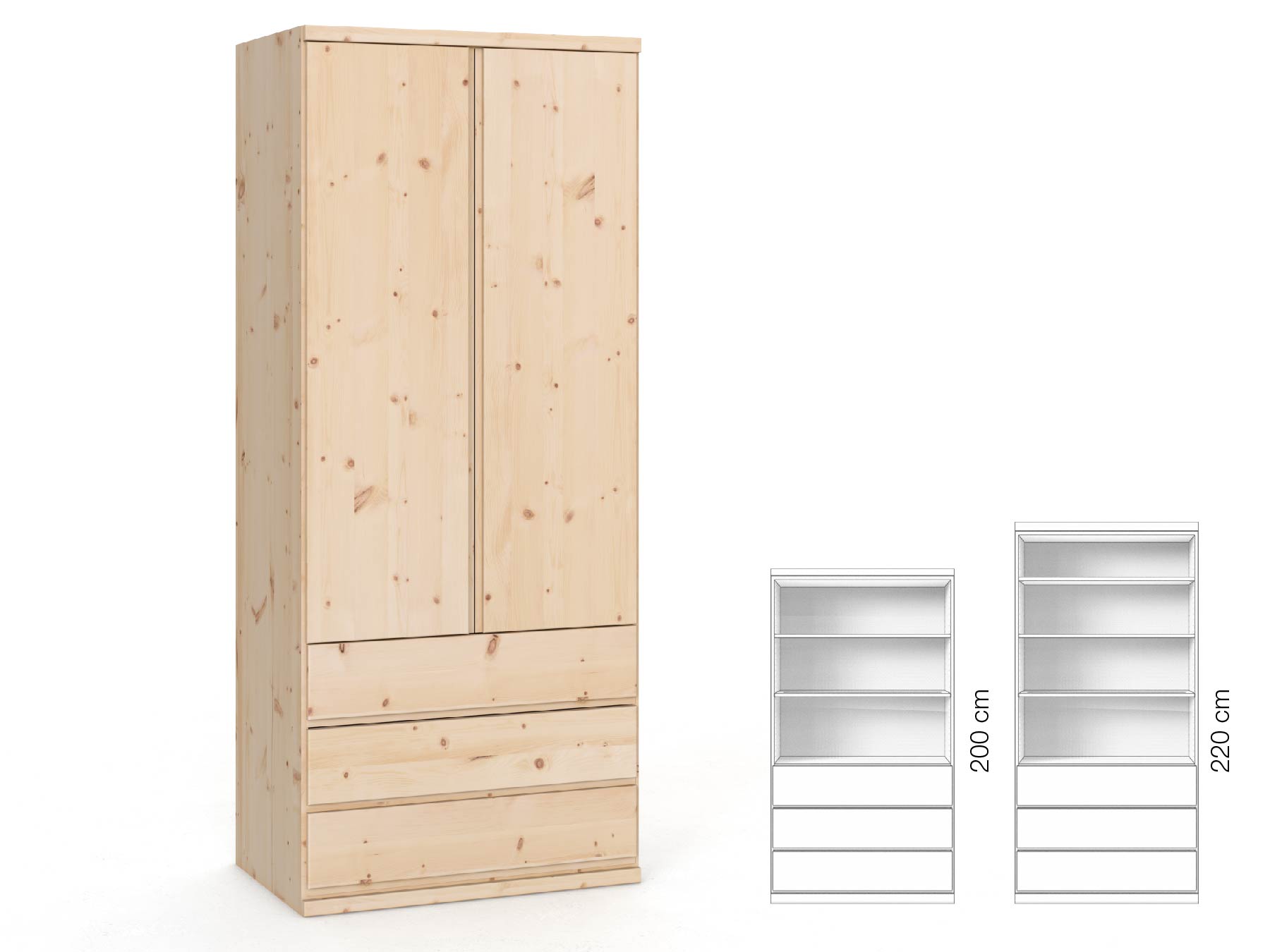 Zirbenschrank „Romana“, 2-türig, Höhe 220 cm, Griffausführung „Patrizia“, Inneneinrichtung: E
