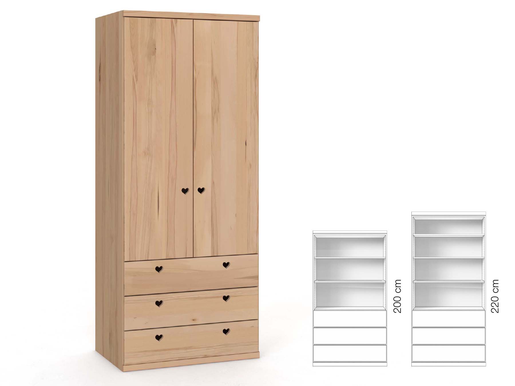 Buchenschrank „Romana“, 2-türig, Höhe 220 cm, Griffausführung „Heidi“, Inneneinrichtung: E