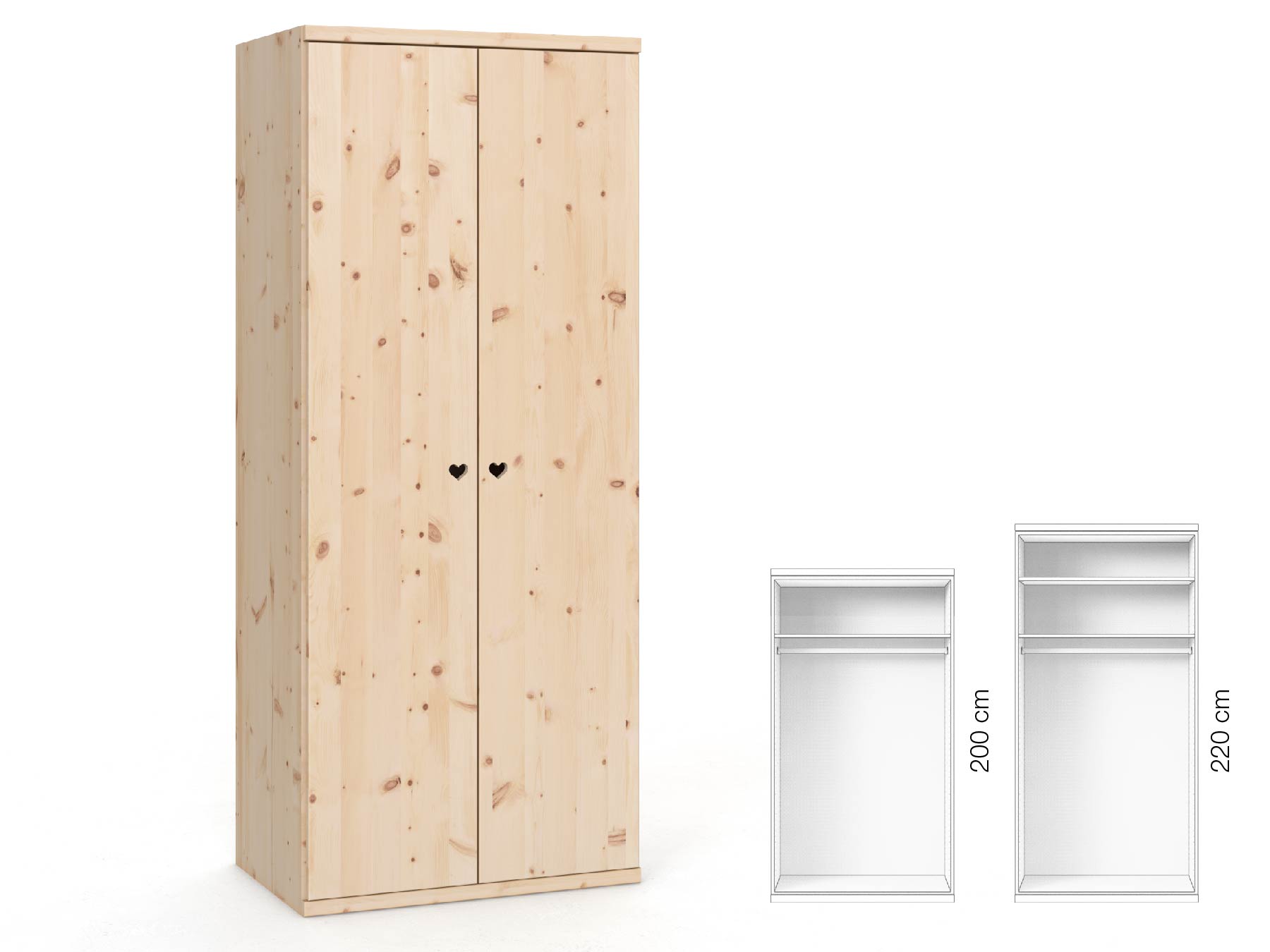 Zirbenschrank „Romana“, 2-türig, Höhe 220 cm, Griffausführung „Heidi“, Inneneinrichtung: A