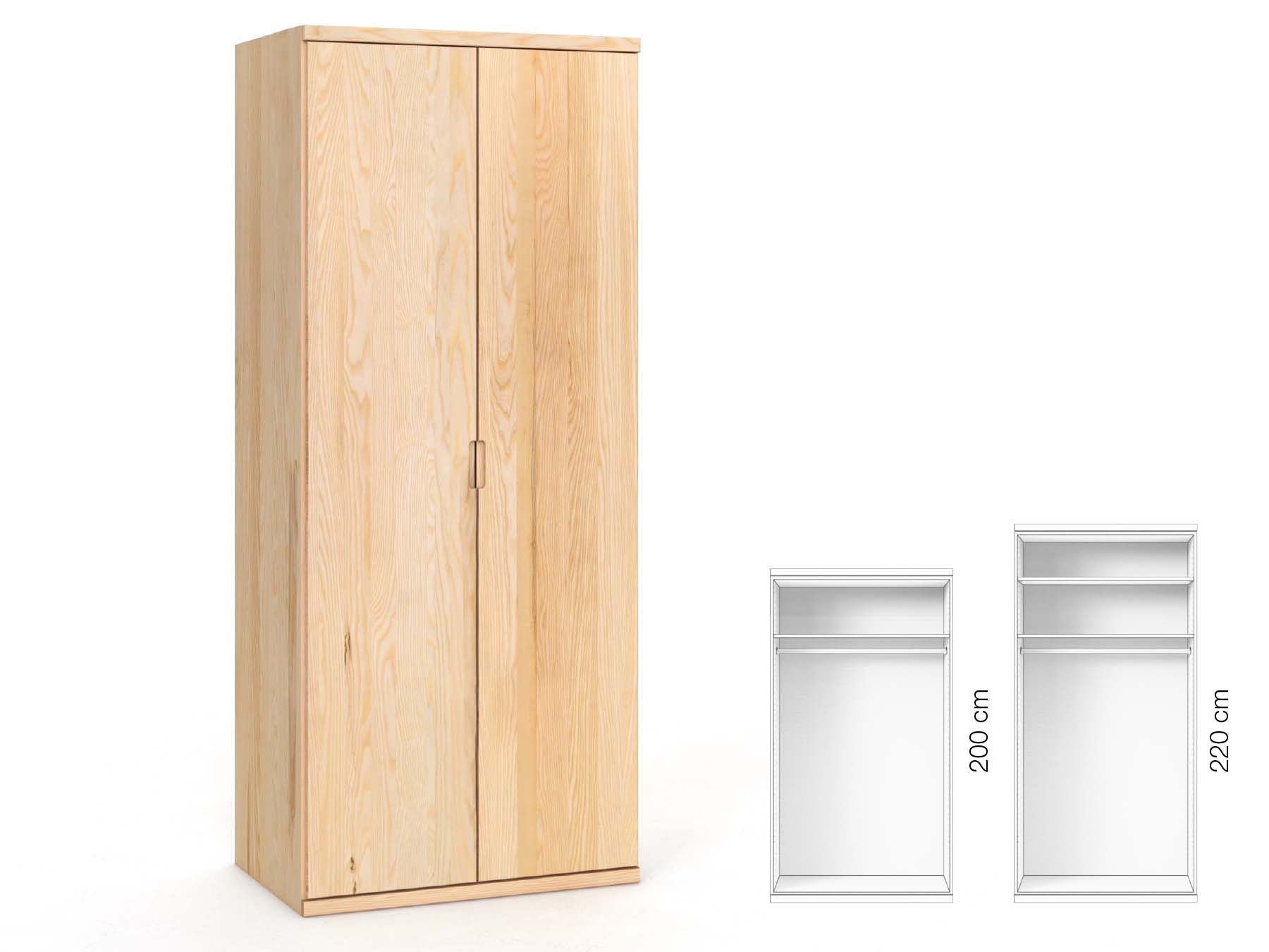 Eschenschrank „Romana“, 2-türig, Höhe 220 cm, Griffausführung „Lukas“, Inneneinrichtung: A
