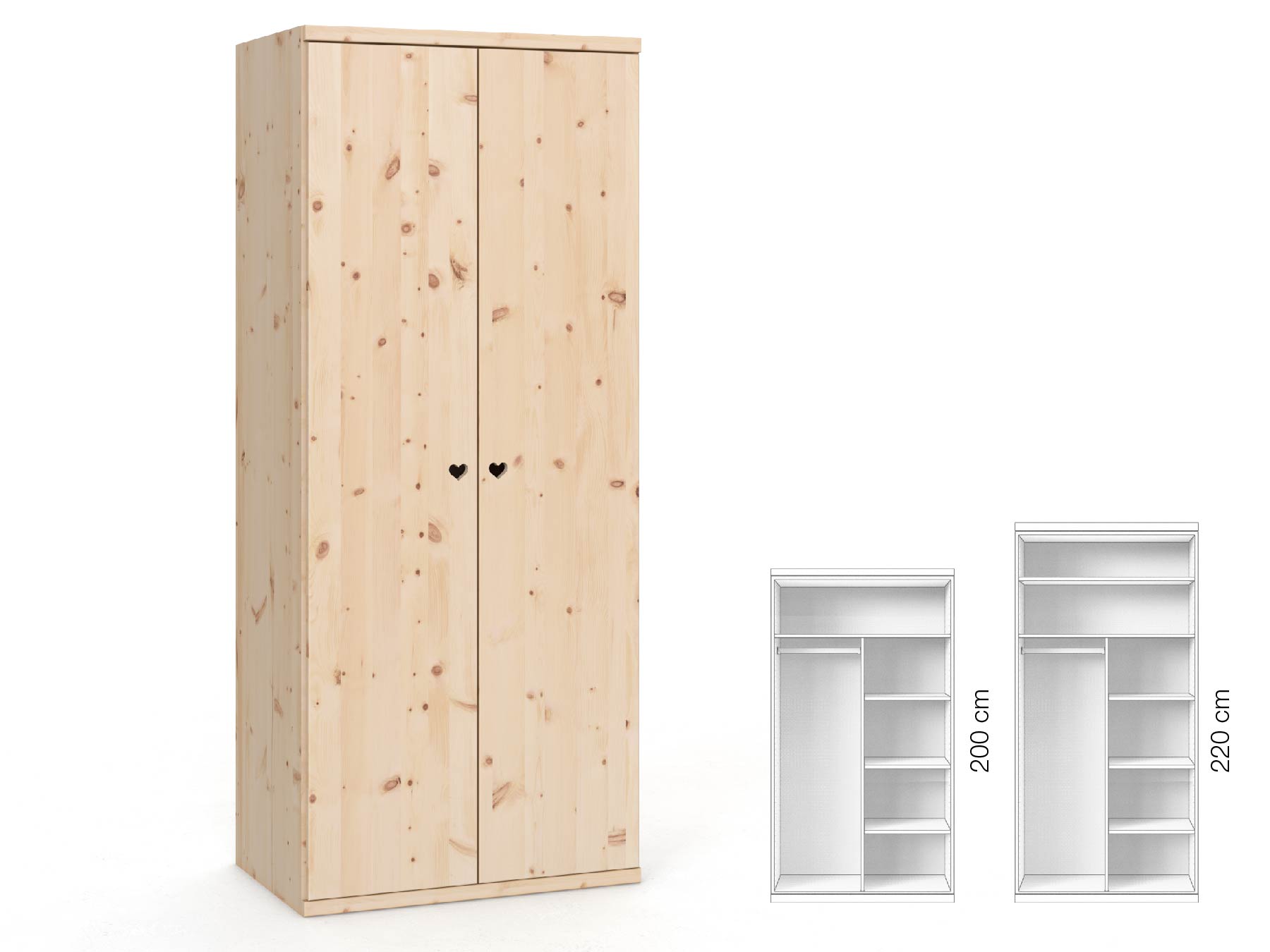 Zirbenschrank „Romana“, 2-türig, Höhe 220 cm, Griffausführung „Heidi“, Inneneinrichtung: B