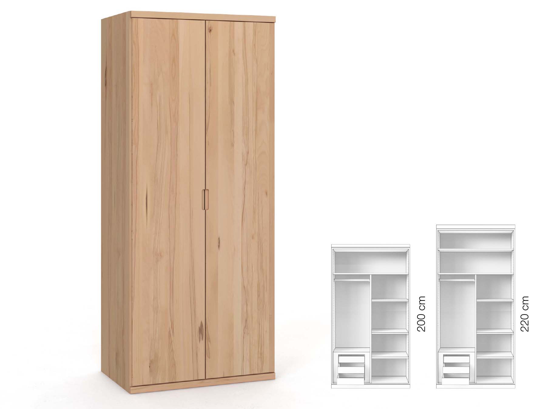 Buchenschrank „Romana“, 2-türig, Höhe 220 cm, Griffausführung „Lukas“, Inneneinrichtung: C