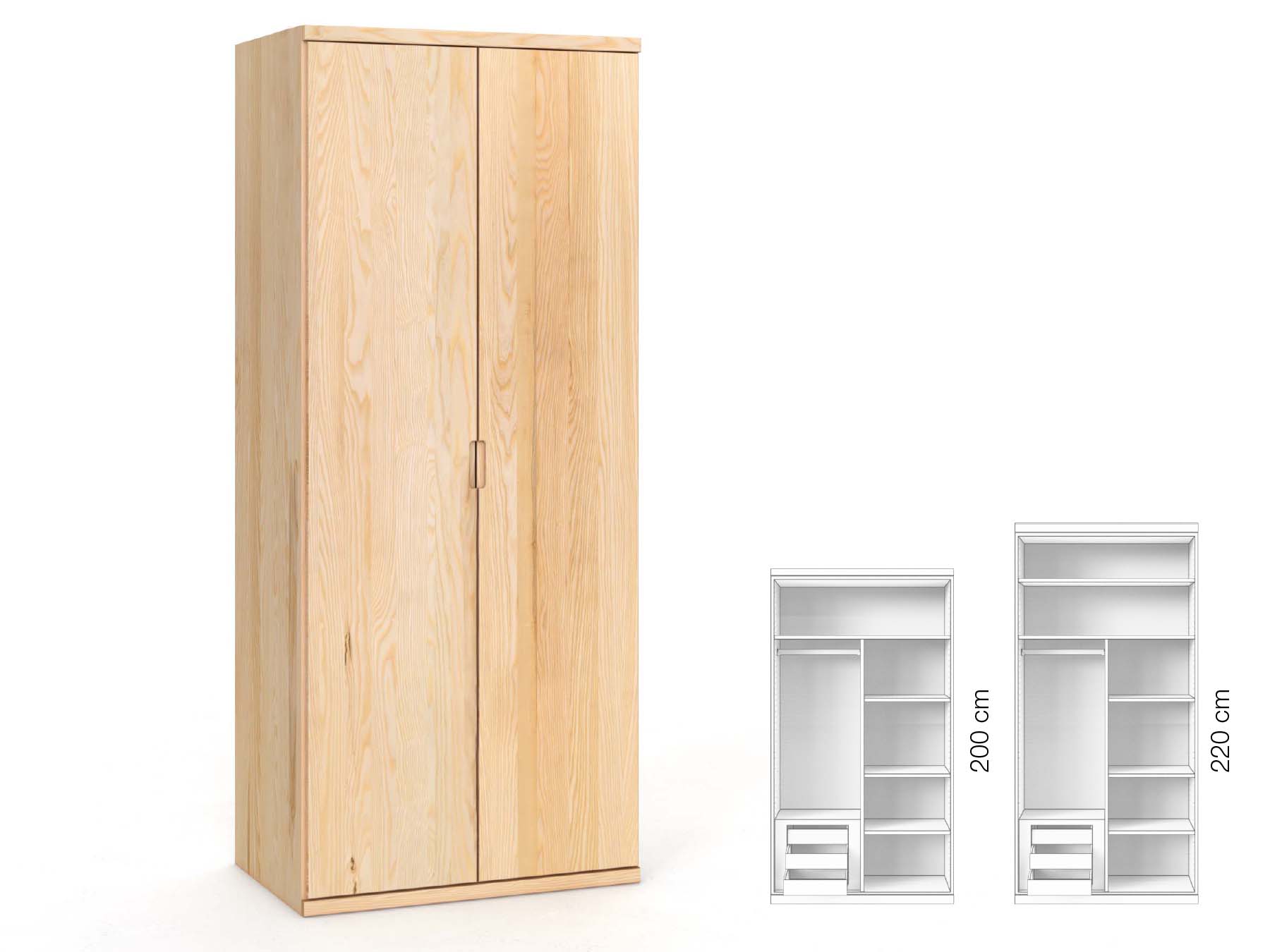 Eschenschrank „Romana“, 2-türig, Höhe 220 cm, Griffausführung „Lukas“, Inneneinrichtung: C