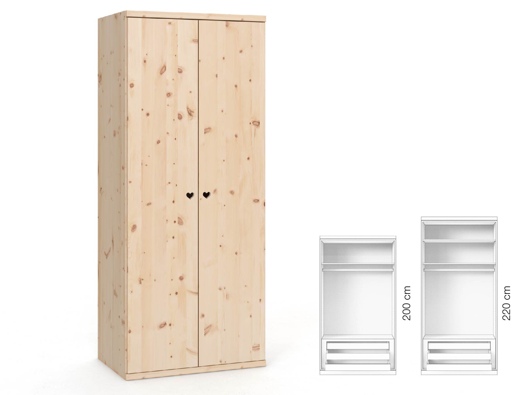 Zirbenschrank „Romana“, 2-türig, Höhe 220 cm, Griffausführung „Heidi“, Inneneinrichtung: D