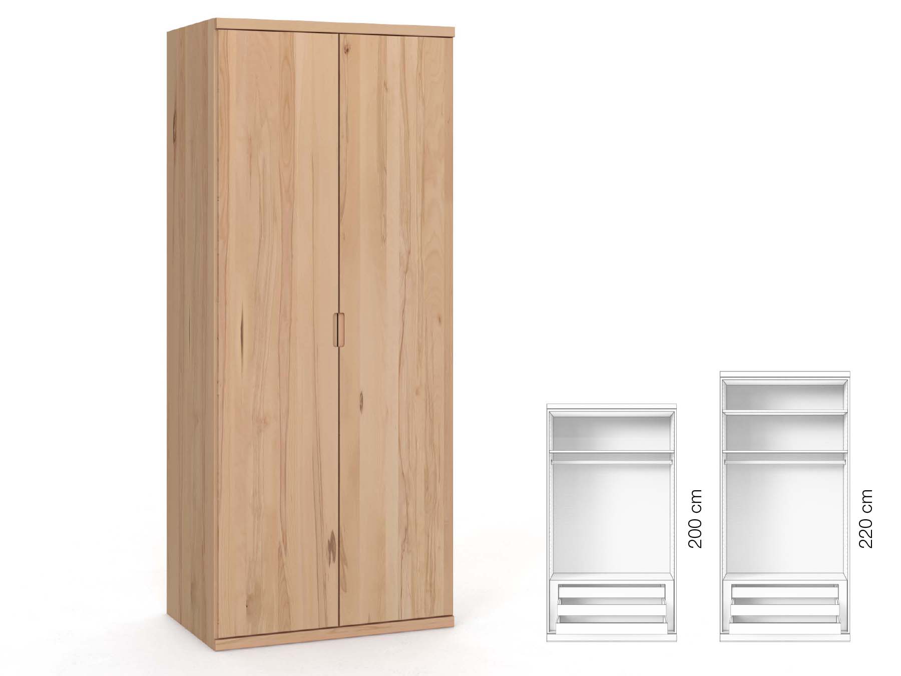Buchenschrank „Romana“, 2-türig, Höhe 220 cm, Griffausführung „Lukas“, Inneneinrichtung: D