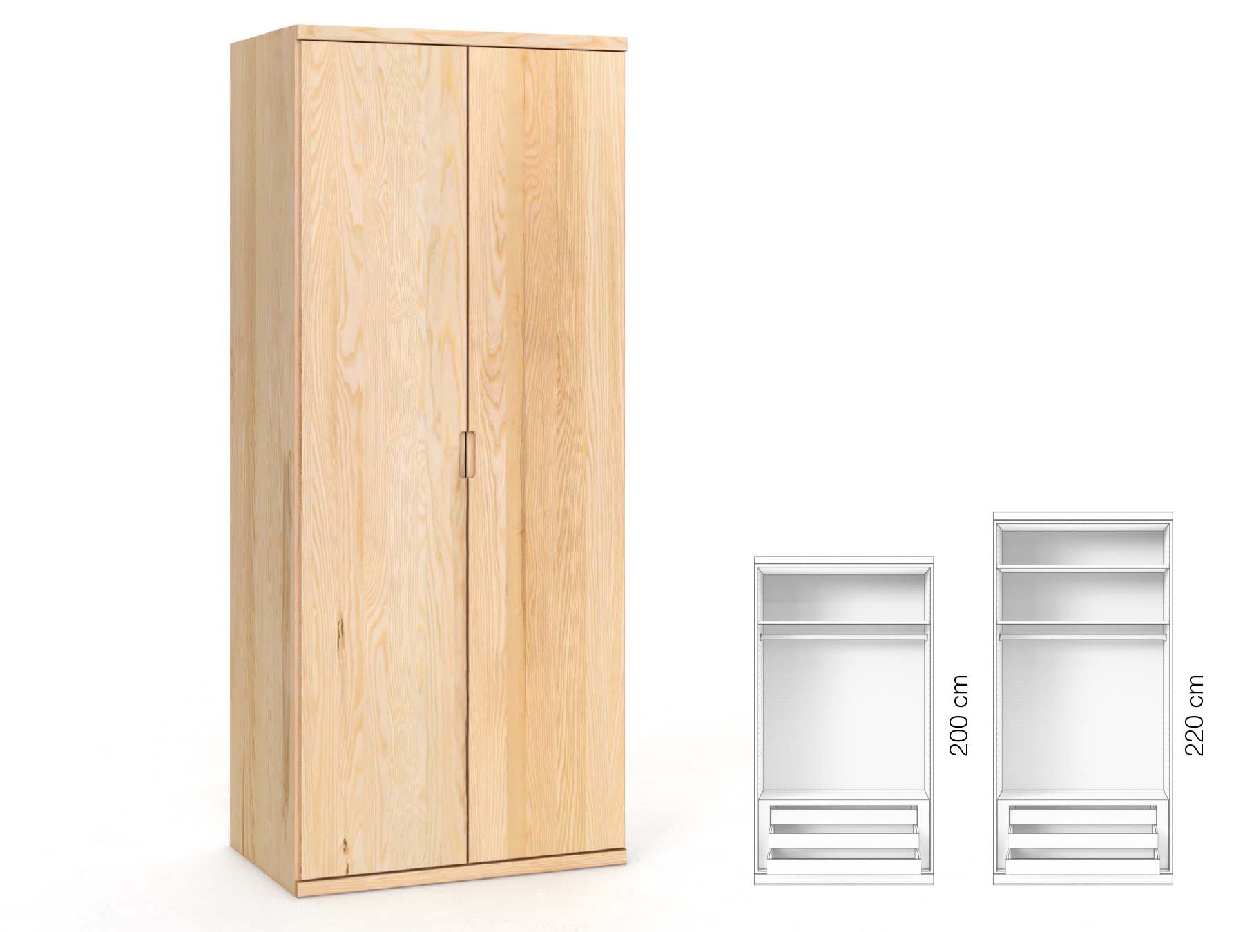 Eschenschrank „Romana“, 2-türig, Höhe 220 cm, Griffausführung „Lukas“, Inneneinrichtung: D