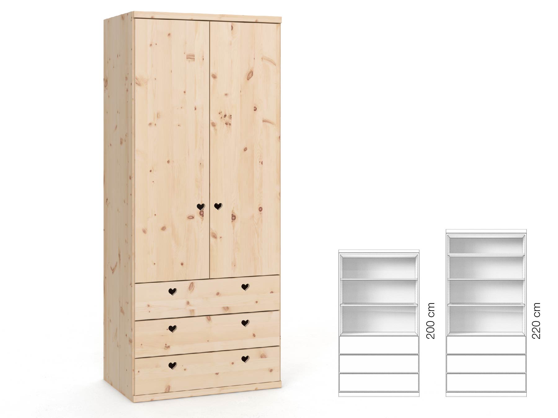 Zirbenschrank „Romana“, 2-türig, Höhe 220 cm, Griffausführung „Heidi“, Inneneinrichtung: E