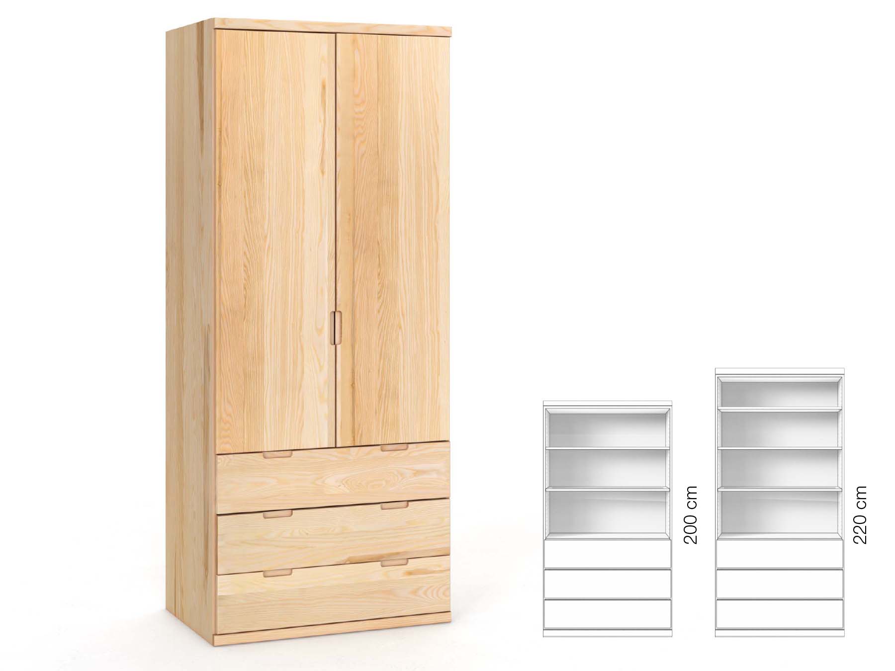 Eschenschrank „Romana“, 2-türig, Höhe 220 cm, Griffausführung „Lukas“, Inneneinrichtung: E