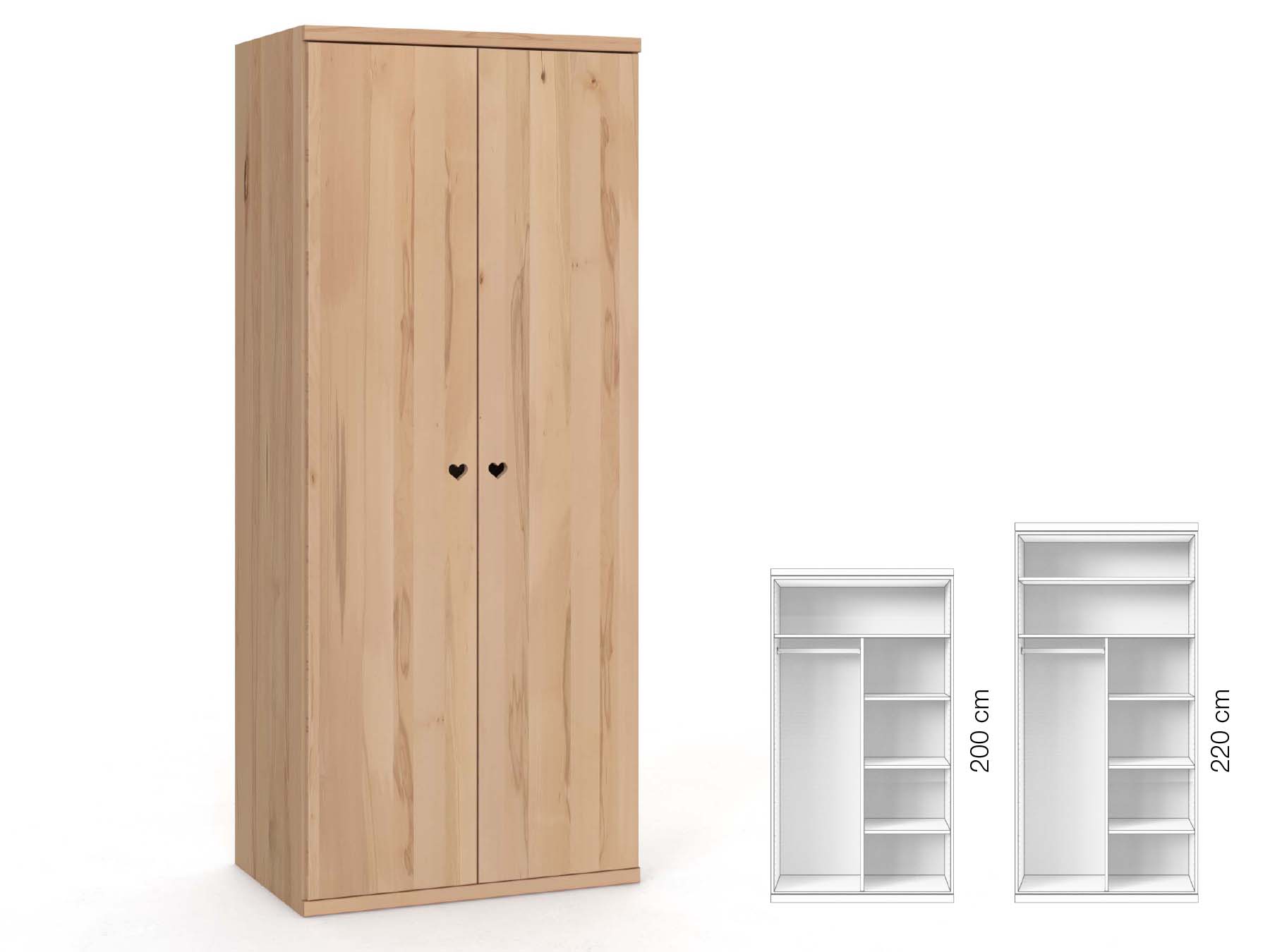 Buchenschrank „Romana“, 2-türig, Höhe 220 cm, Griffausführung „Heidi“, Inneneinrichtung: B
