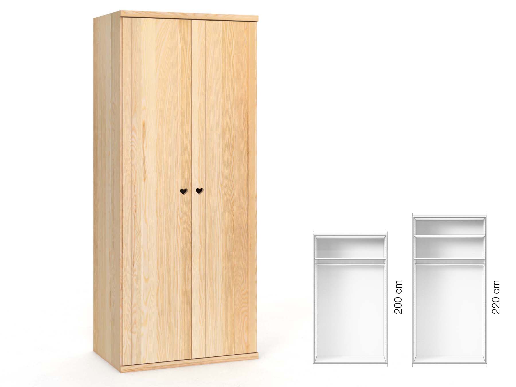 Eschenschrank „Egon“, 2-türig, Höhe 220 cm, Griffausführung „Heidi“, Inneneinrichtung: A