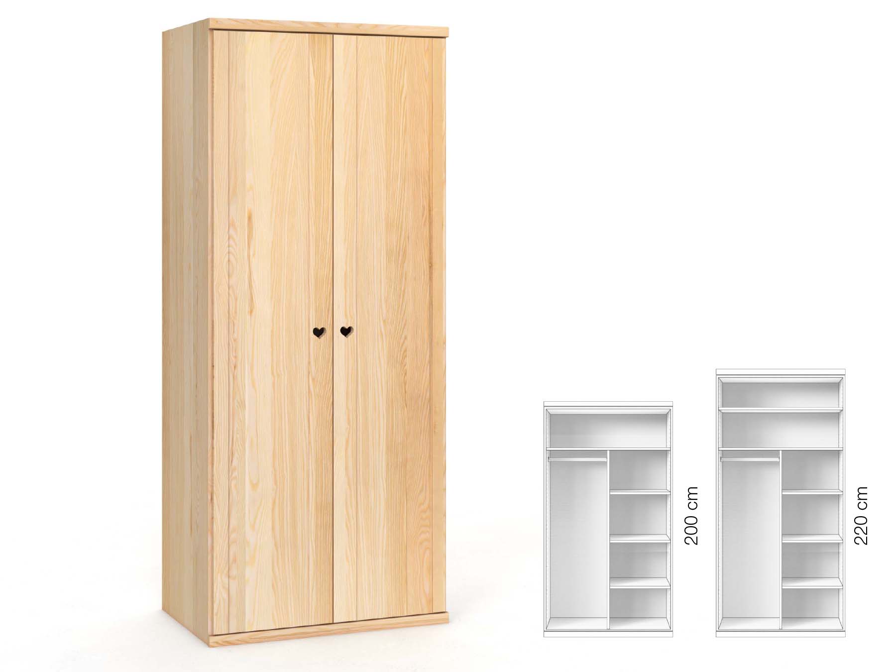 Eschenschrank „Egon“, 2-türig, Höhe 220 cm, Griffausführung „Heidi“, Inneneinrichtung: B