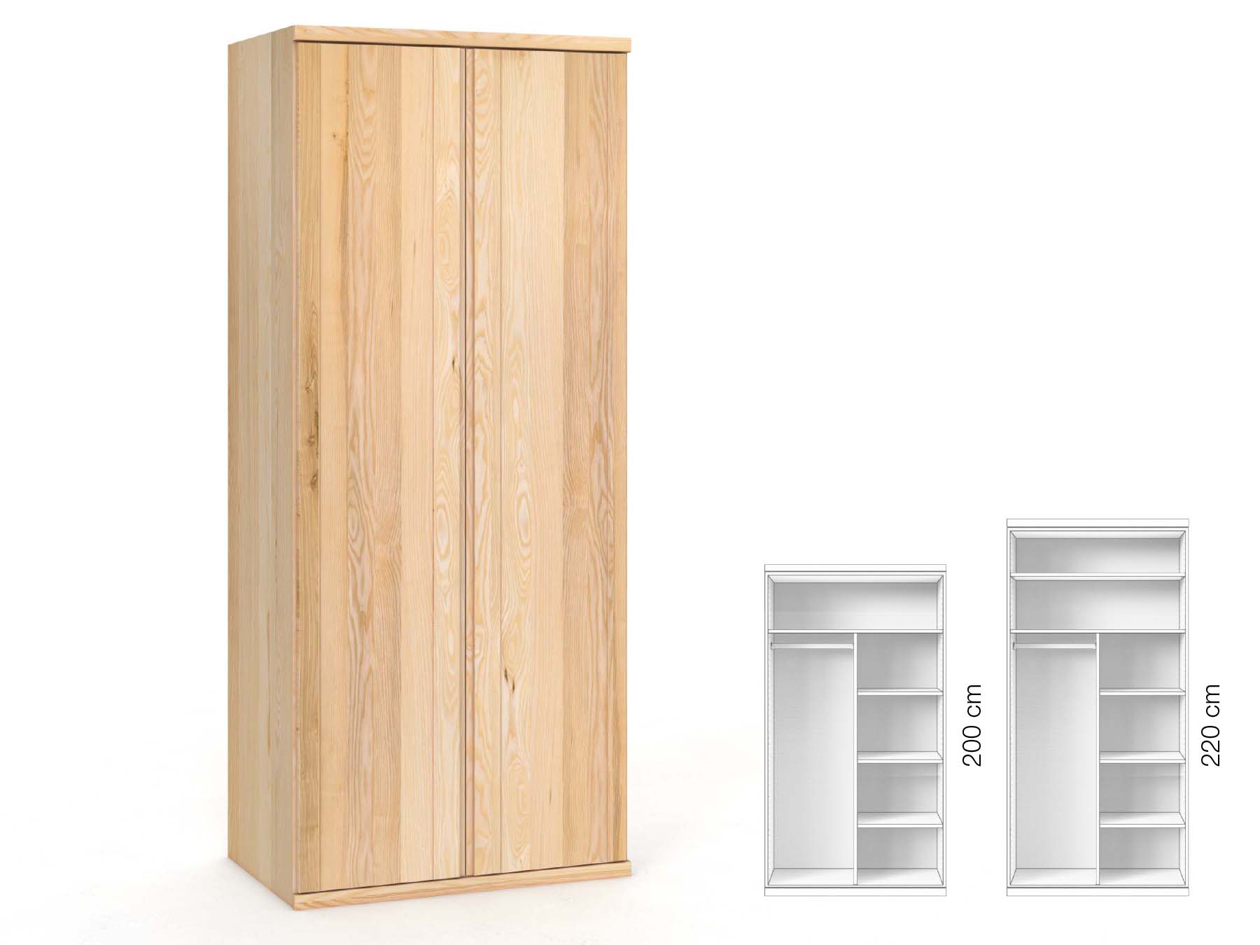 Eschenschrank „Egon“, 2-türig, Höhe 220 cm, Griffausführung „Patrizia“, Inneneinrichtung: B