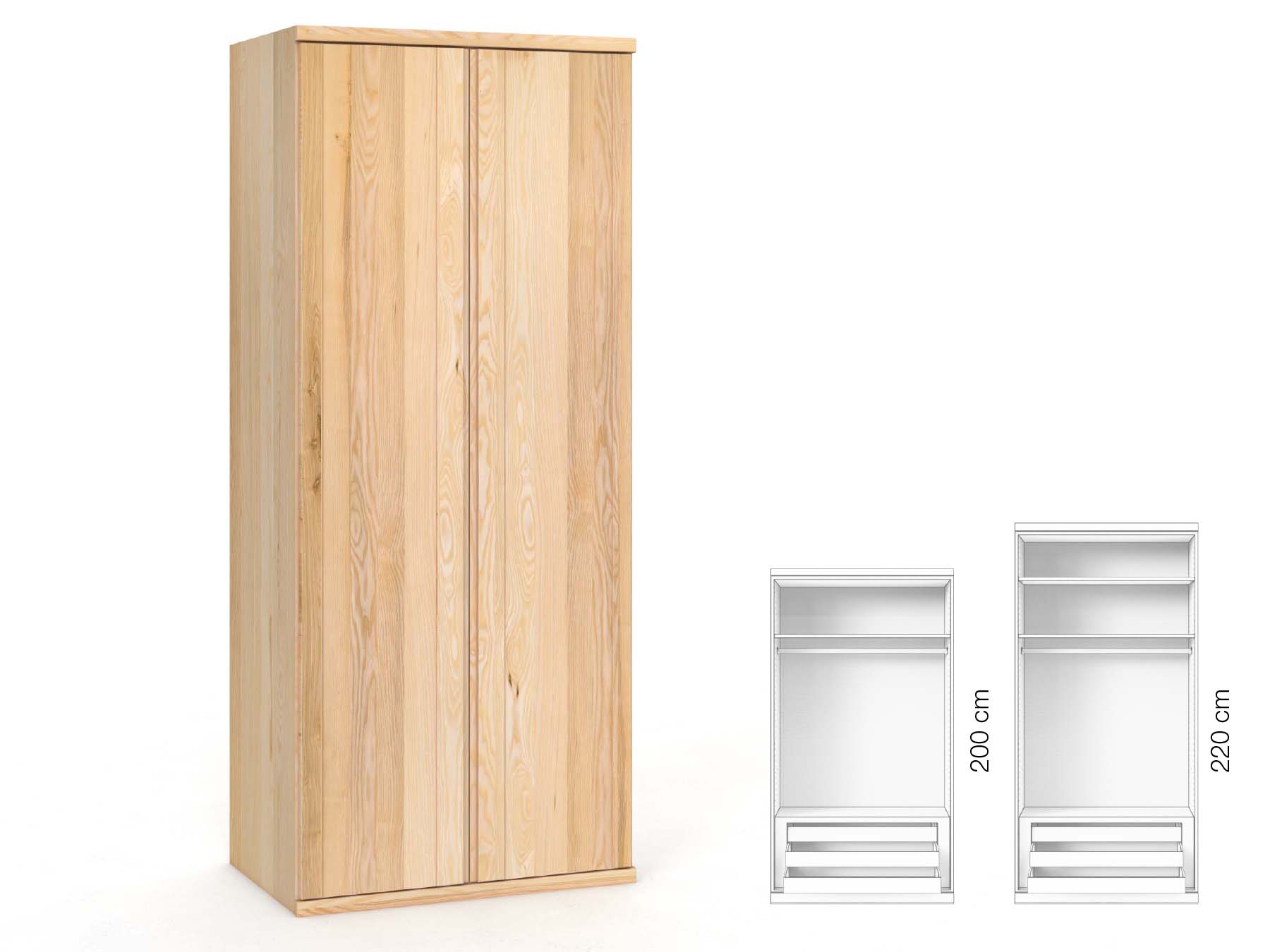 Eschenschrank „Egon“, 2-türig, Höhe 220 cm, Griffausführung „Patrizia“, Inneneinrichtung: D