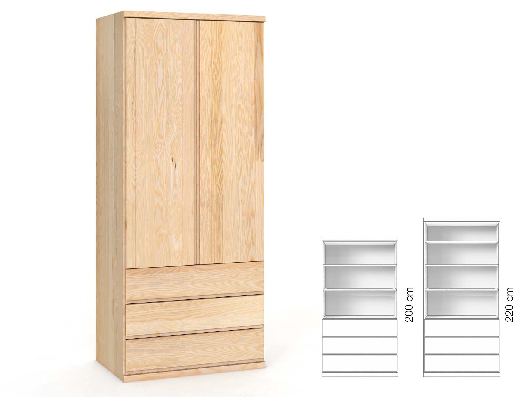 Eschenschrank „Egon“, 2-türig, Höhe 220 cm, Griffausführung „Patrizia“, Inneneinrichtung: E