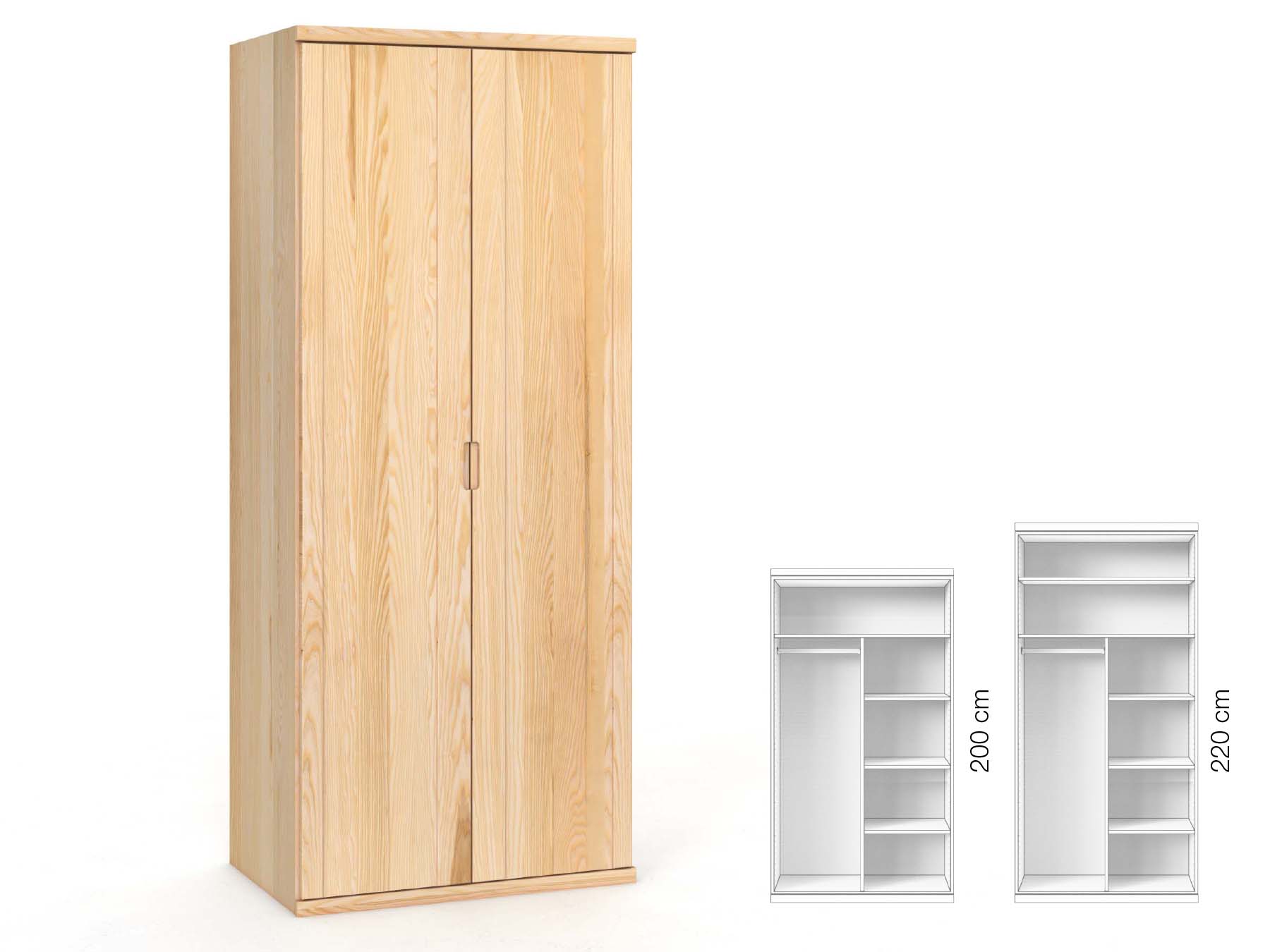 Eschenschrank „Egon“, 2-türig, Höhe 220 cm, Griffausführung „Lukas“, Inneneinrichtung: B