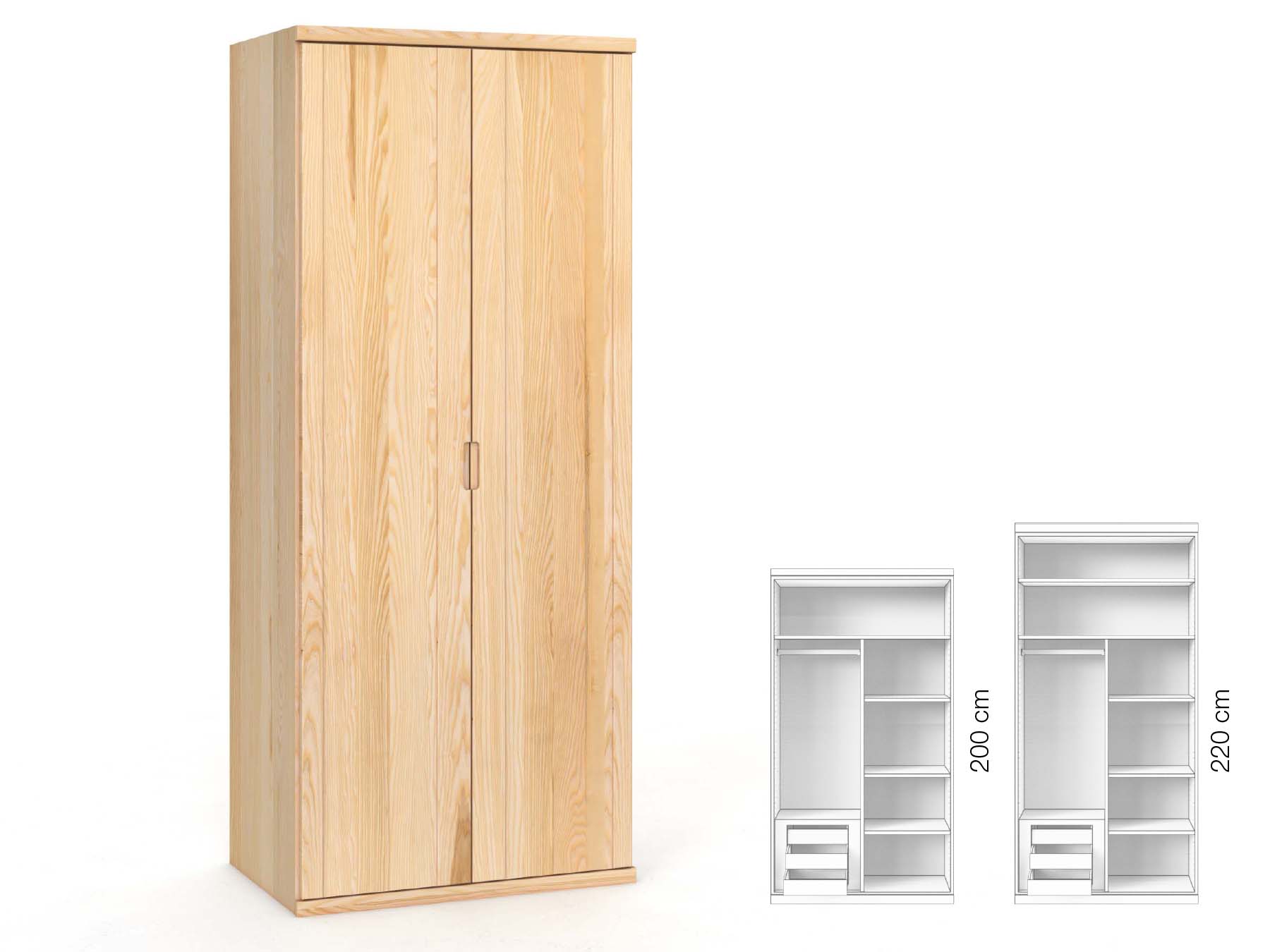 Eschenschrank „Egon“, 2-türig, Höhe 220 cm, Griffausführung „Lukas“, Inneneinrichtung: C