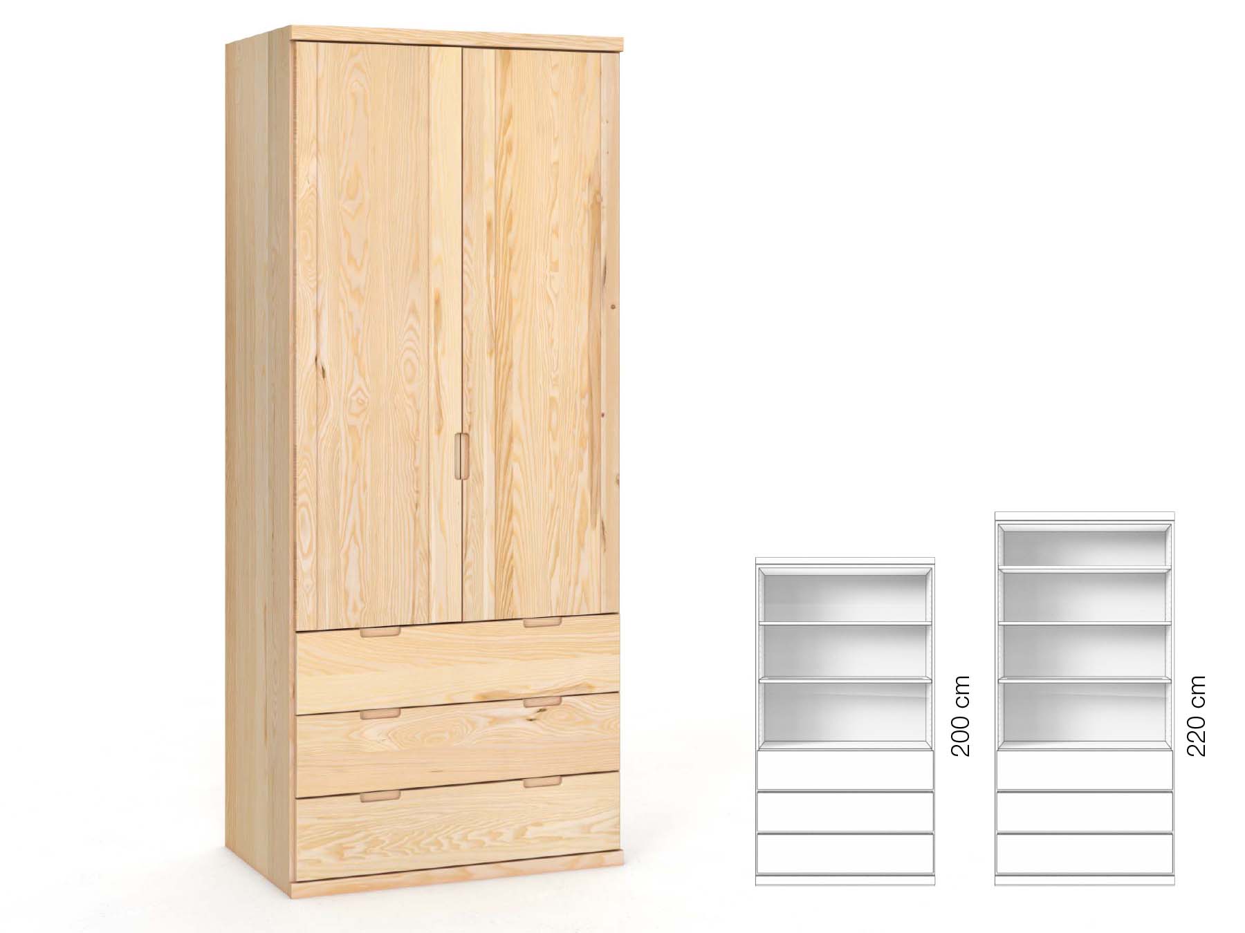 Eschenschrank „Egon“, 2-türig, Höhe 220 cm, Griffausführung „Lukas“, Inneneinrichtung: E