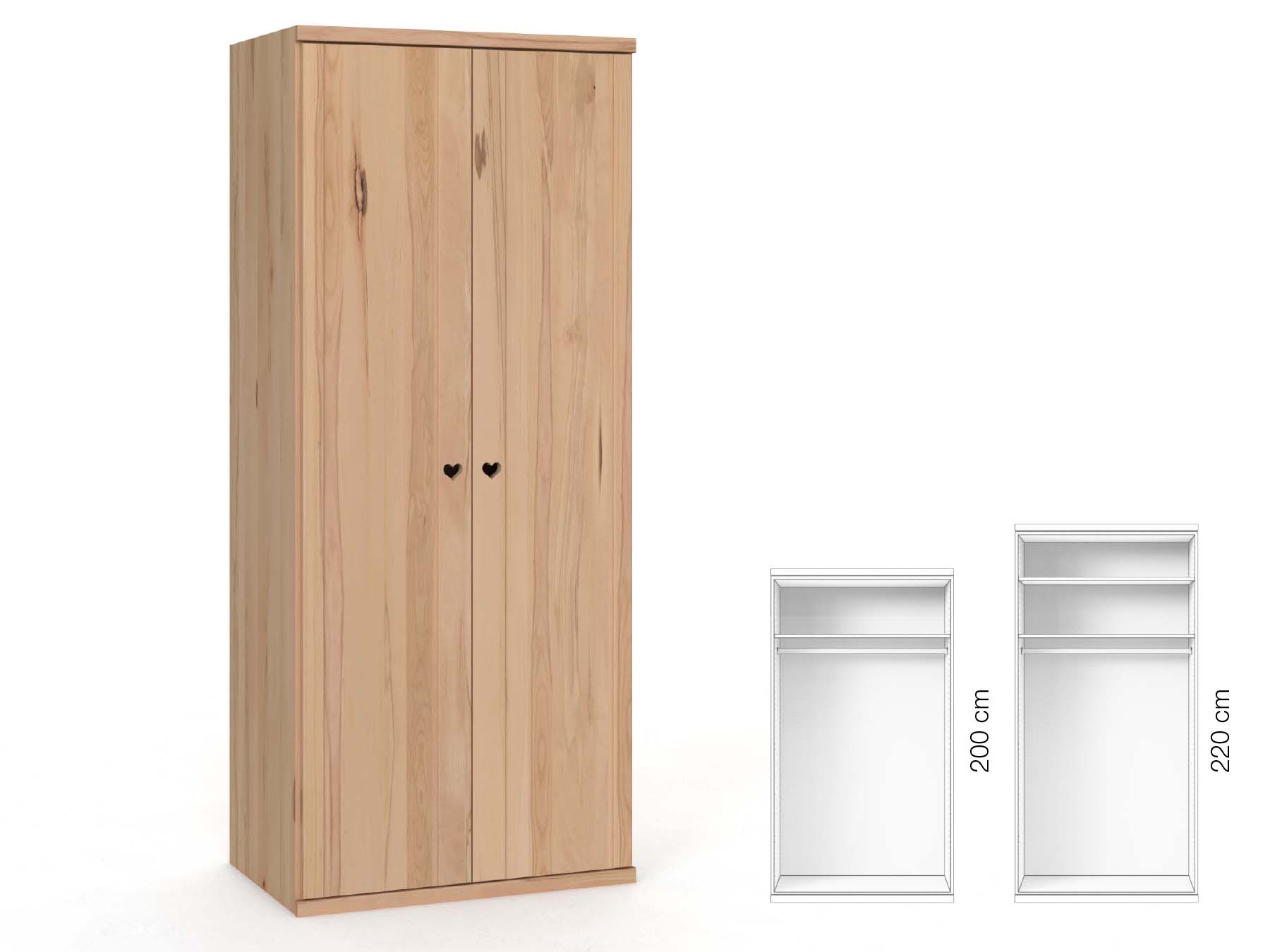 Buchenschrank „Egon“, 2-türig, Höhe 220 cm, Griffausführung „Heidi“, Inneneinrichtung: A