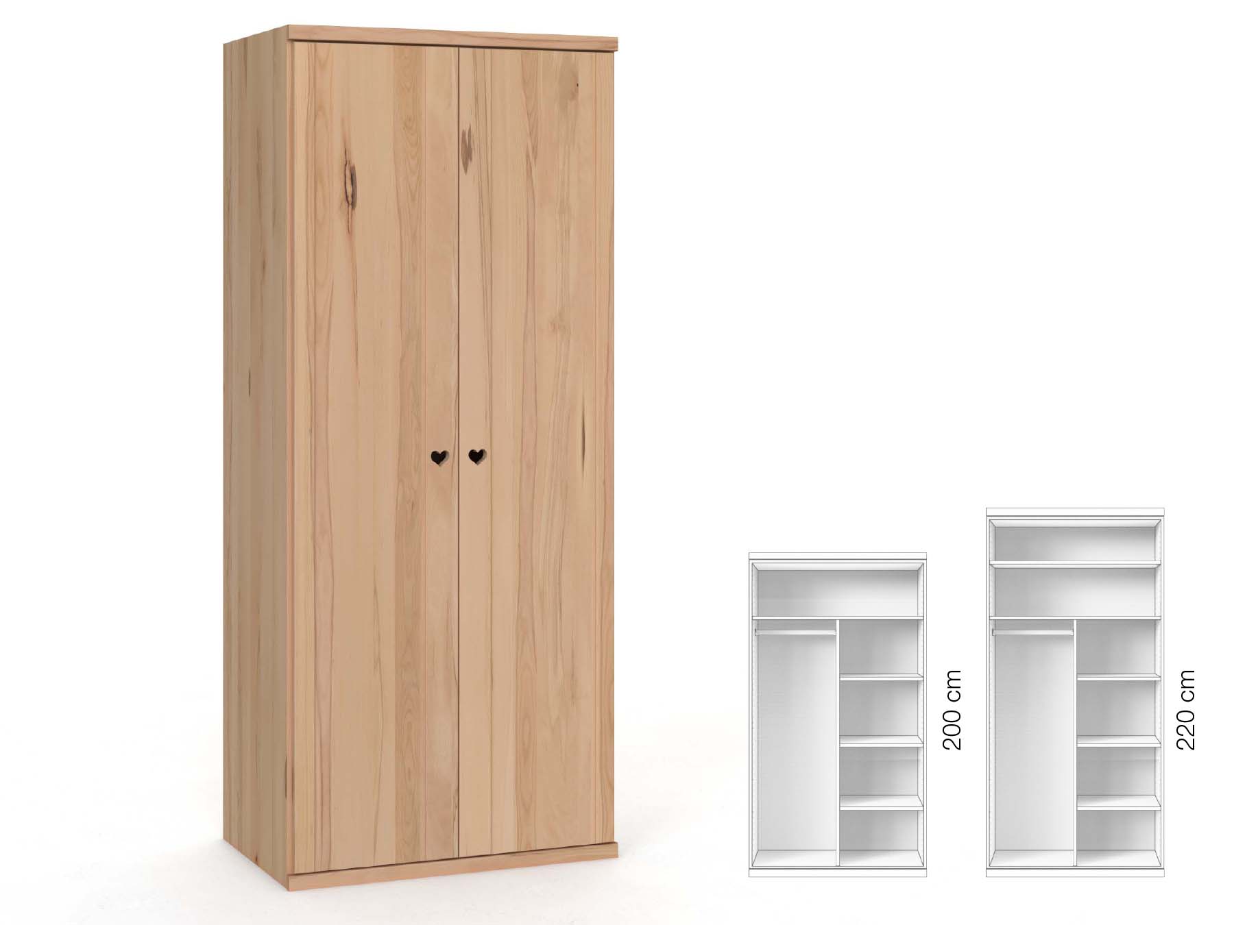 Buchenschrank „Egon“, 2-türig, Höhe 220 cm, Griffausführung „Heidi“, Inneneinrichtung: B