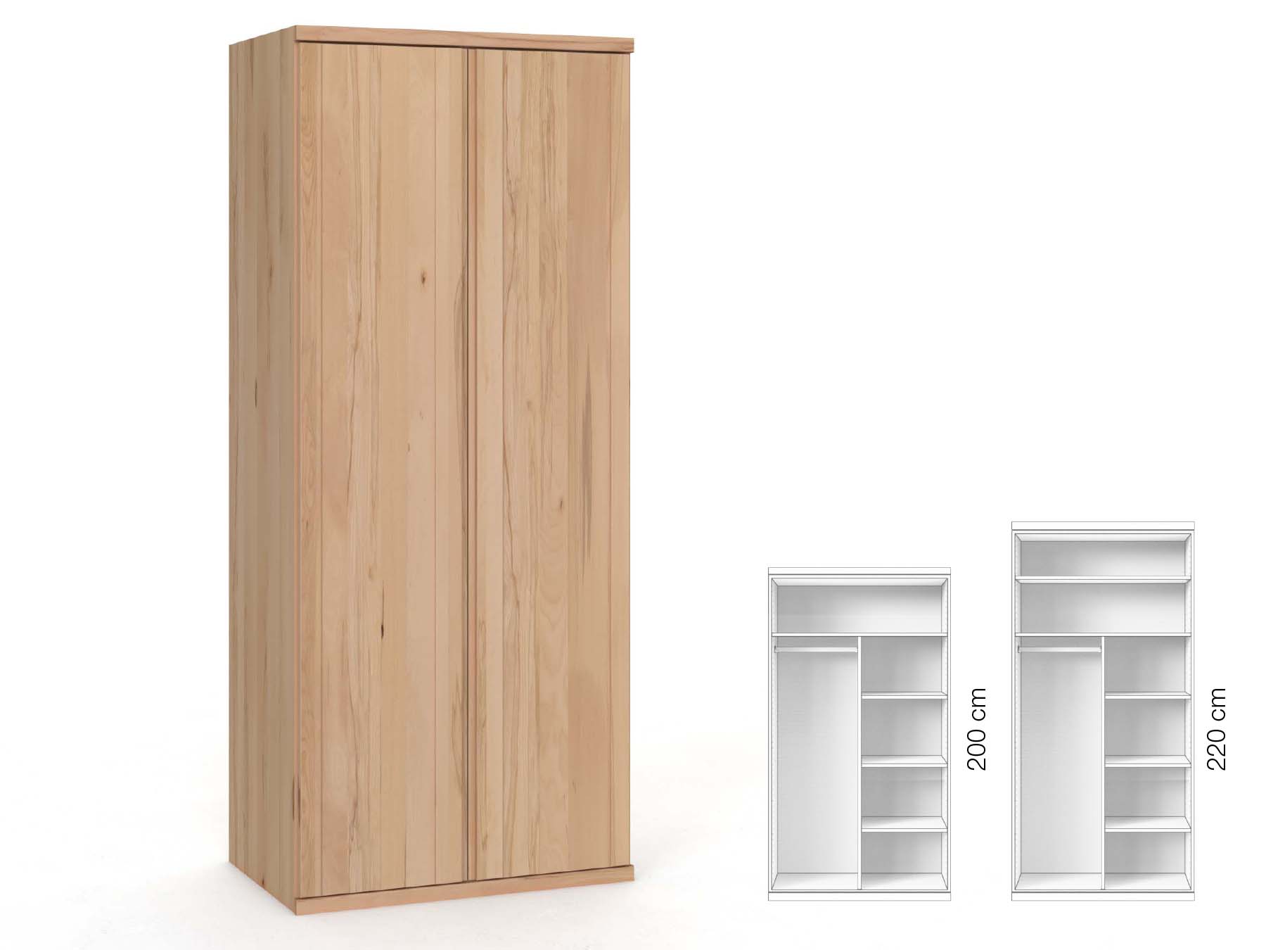 Buchenschrank „Egon“, 2-türig, Höhe 220 cm, Griffausführung „Patrizia“, Inneneinrichtung: B