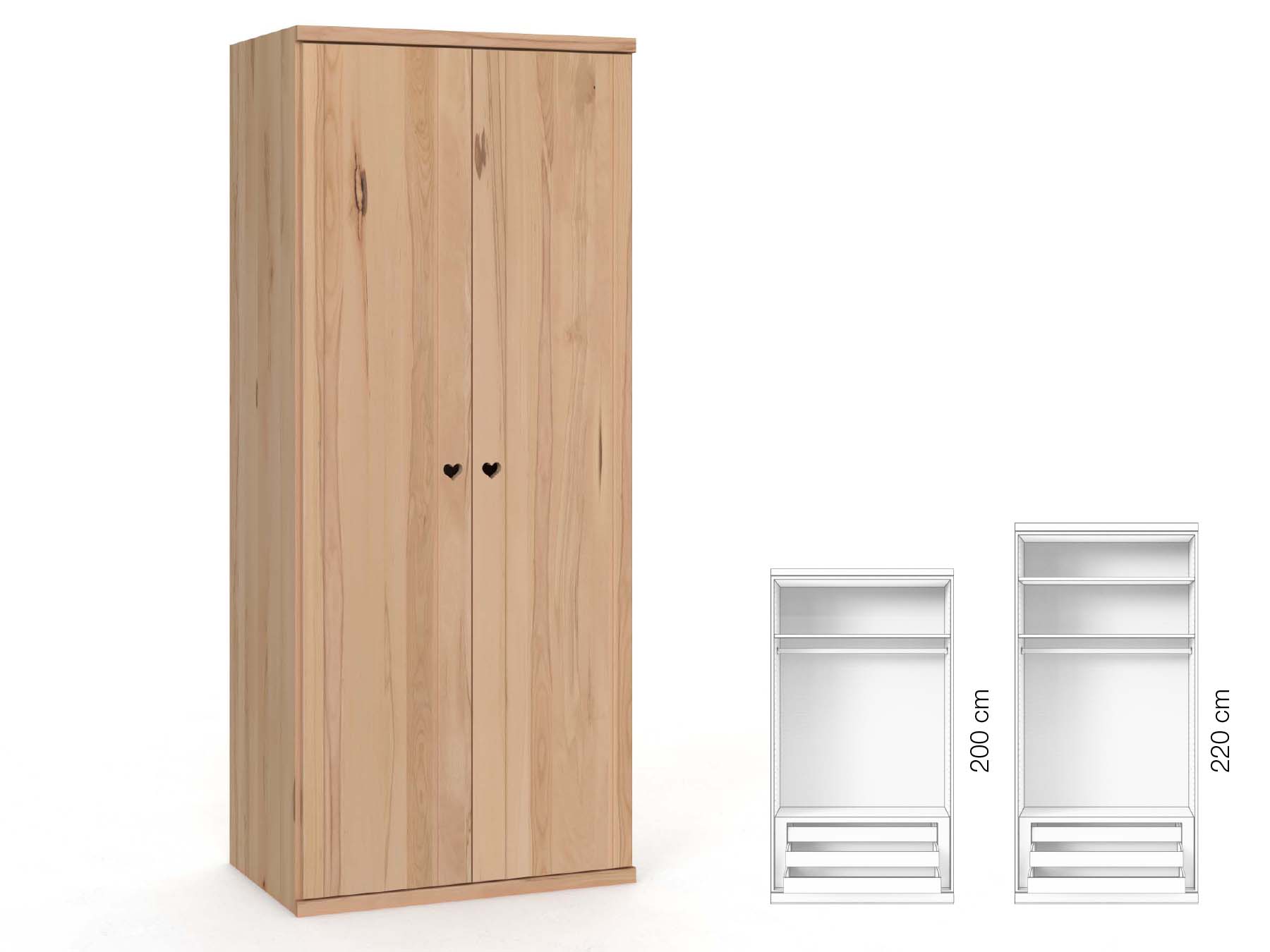 Buchenschrank „Egon“, 2-türig, Höhe 220 cm, Griffausführung „Heidi“, Inneneinrichtung: D