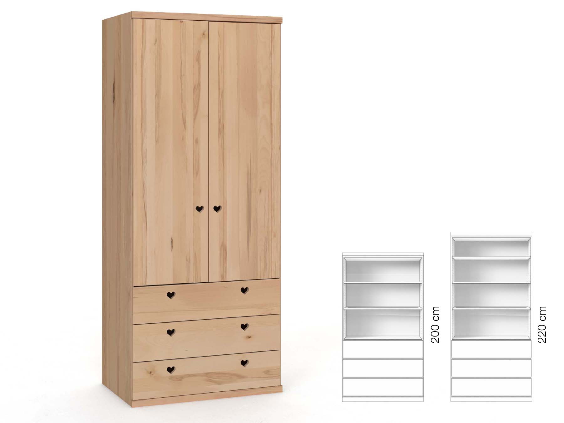 Buchenschrank „Egon“, 2-türig, Höhe 220 cm, Griffausführung „Heidi“, Inneneinrichtung: E