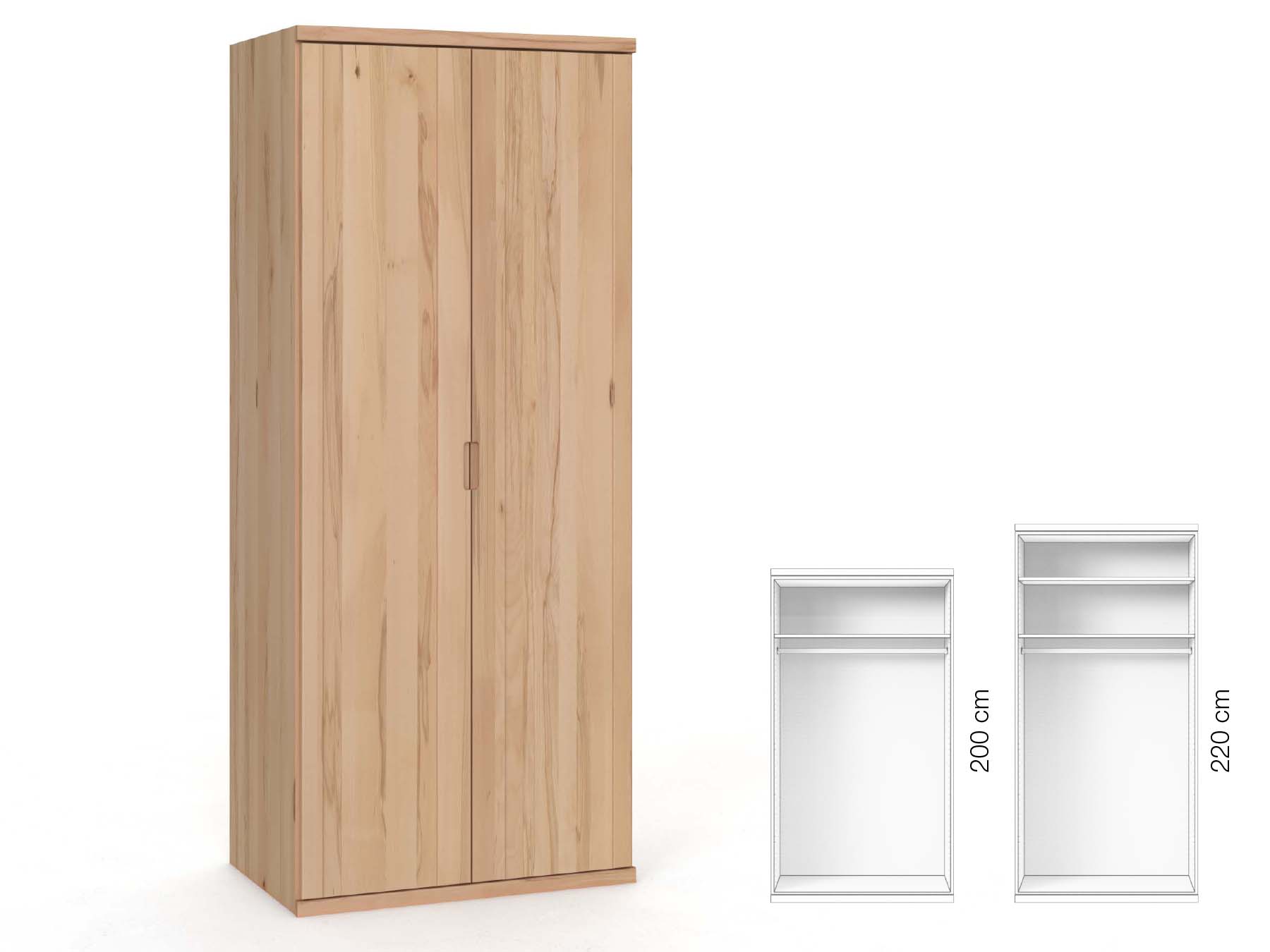 Buchenschrank „Egon“, 2-türig, Höhe 220 cm, Griffausführung „Lukas“, Inneneinrichtung: A
