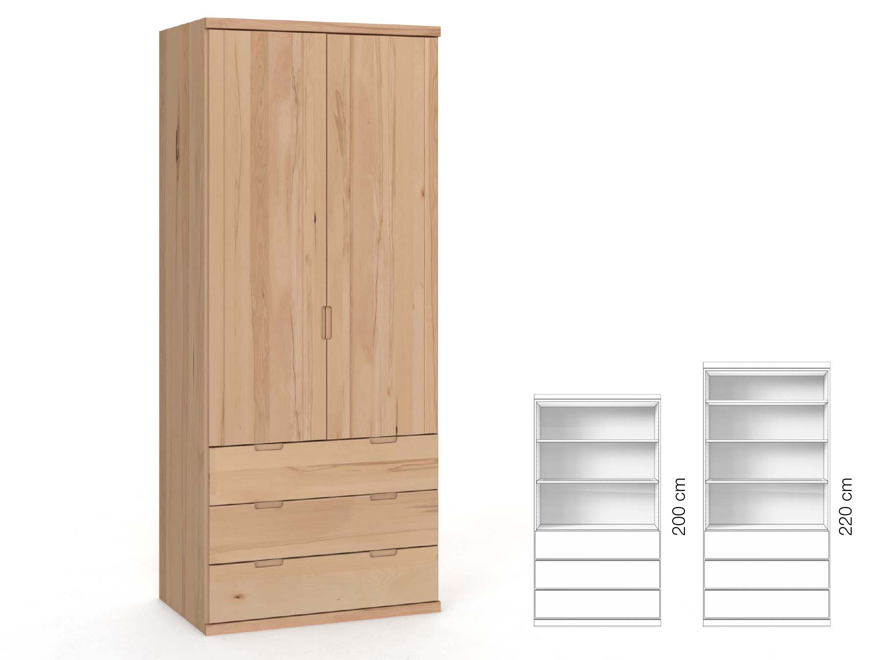Buchenschrank „Egon“, 2-türig, Höhe 220 cm, Griffausführung „Lukas“, Inneneinrichtung: E