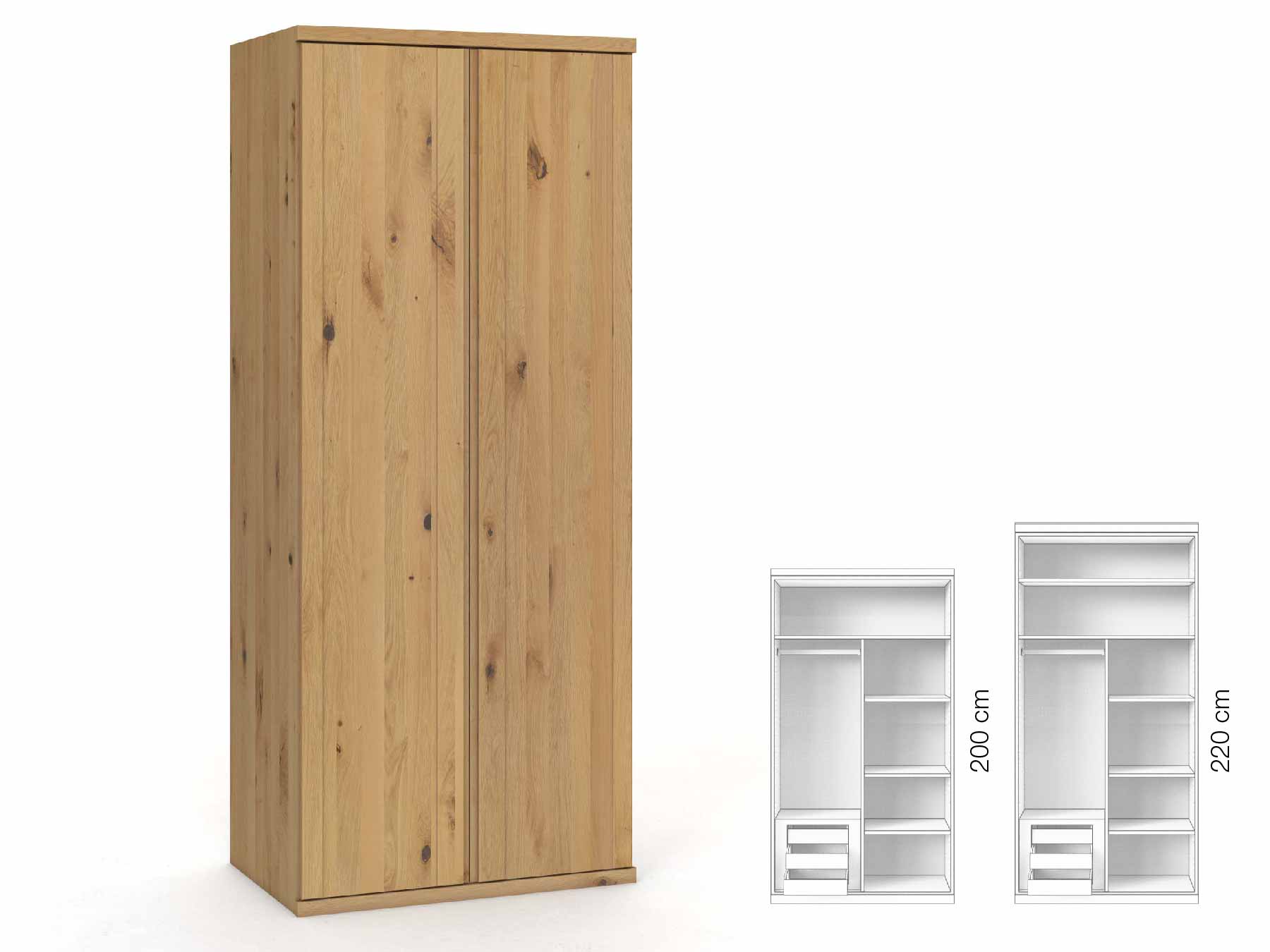 Wildeichenschrank Hell „Egon“, 2-türig, Höhe 220 cm, Griffausführung „Patrizia“, Inneneinrichtung: C
