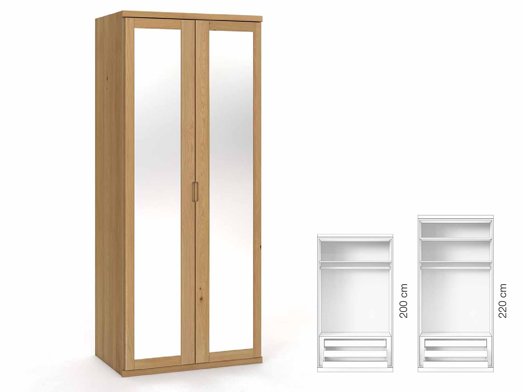 Eichenschrank Hell „Sandra“, 2-türig, Höhe 220 cm, Griffausführung „Lukas“, Inneneinrichtung: D