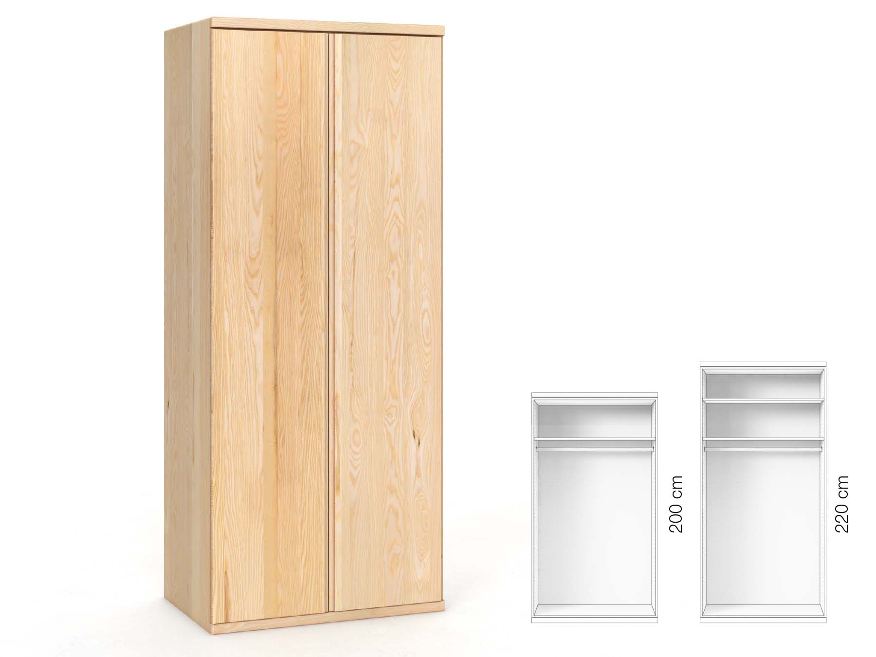Eschenschrank „Valentin“, 2-türig, Höhe 220 cm, Griffausführung „Patrizia“, Inneneinrichtung: A