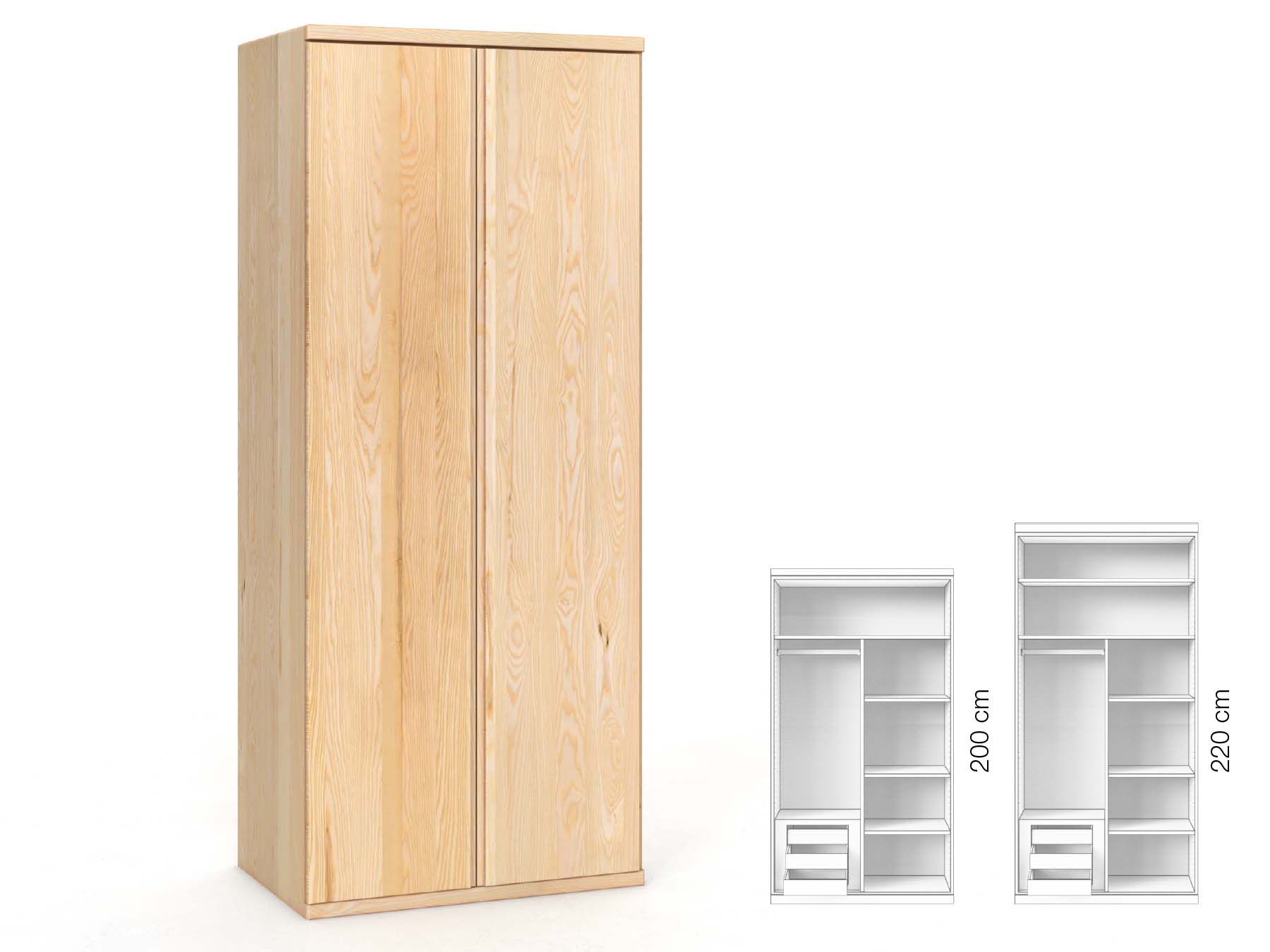 Eschenschrank „Valentin“, 2-türig, Höhe 220 cm, Griffausführung „Patrizia“, Inneneinrichtung: C