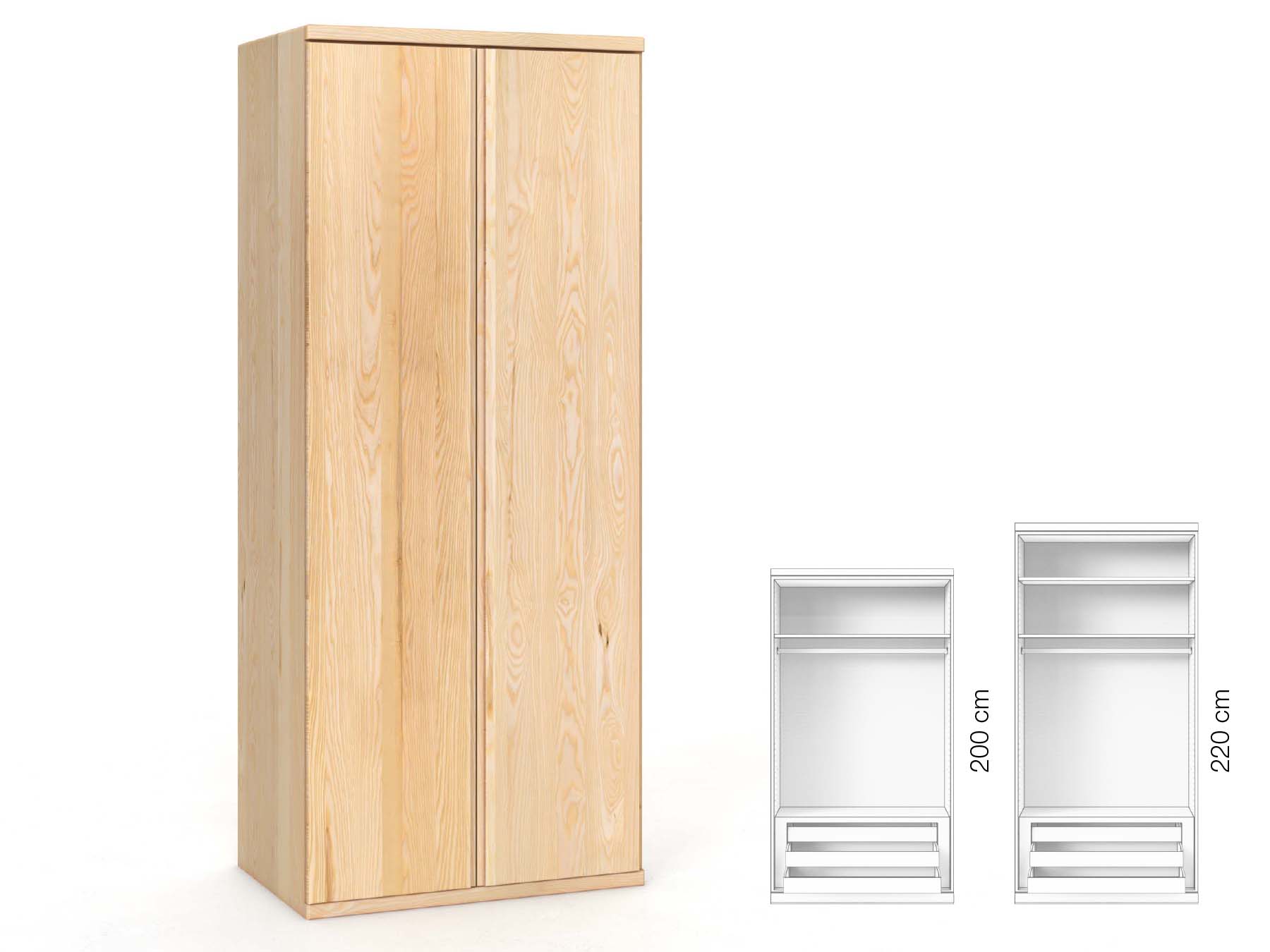 Eschenschrank „Valentin“, 2-türig, Höhe 220 cm, Griffausführung „Patrizia“, Inneneinrichtung: D