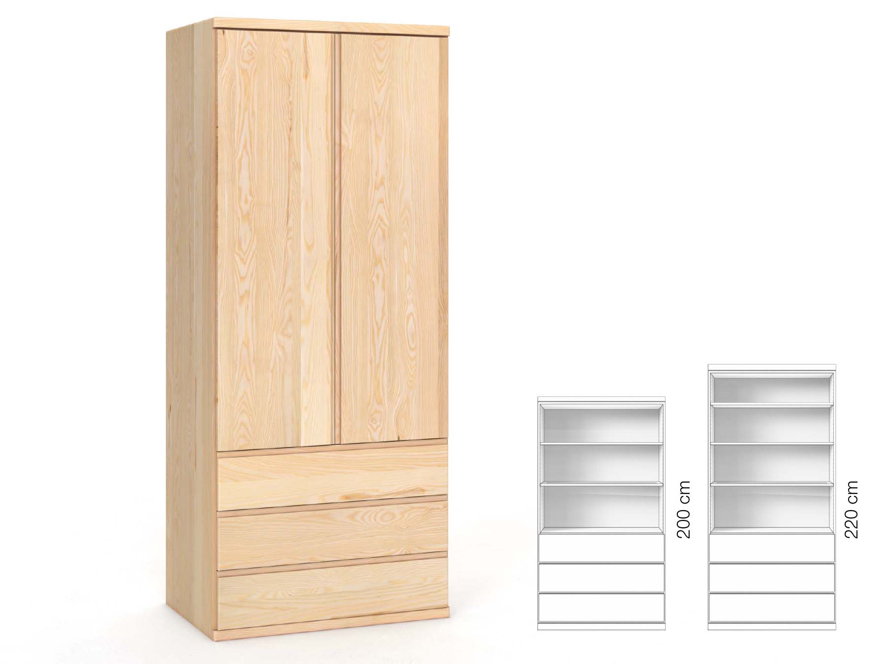 Eschenschrank „Valentin“, 2-türig, Höhe 220 cm, Griffausführung „Patrizia“, Inneneinrichtung: E
